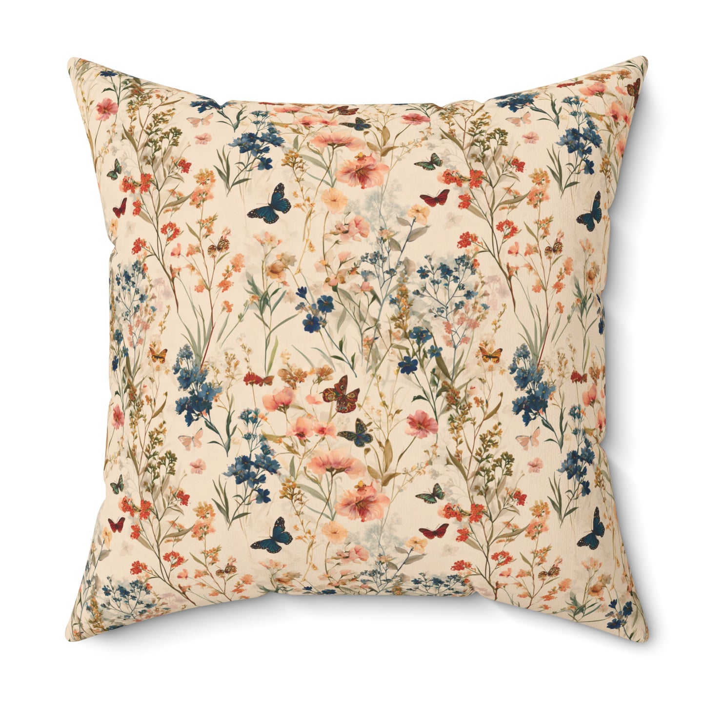 Vintage Wildflower and Butterfly Spun Polyester Square Pillow | Floral Throw Cushion