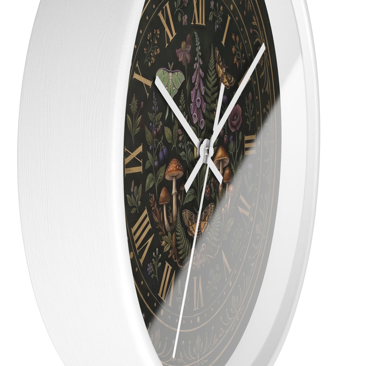 Moth & Mushroom Floral Wall Clock | Botanical Roman Numeral Timepiece