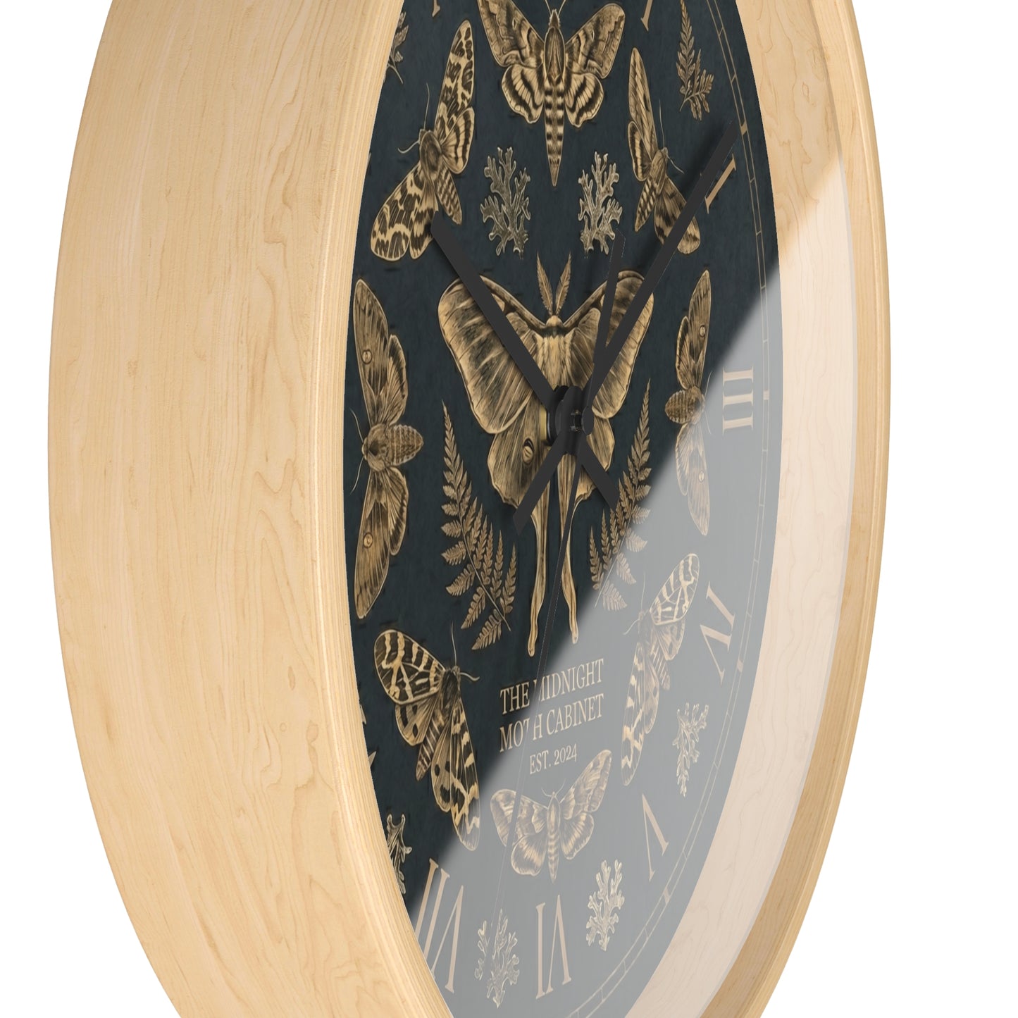 Midnight Moth Illustration Wall Clock | Vintage Moth Pattern, Roman Numerals