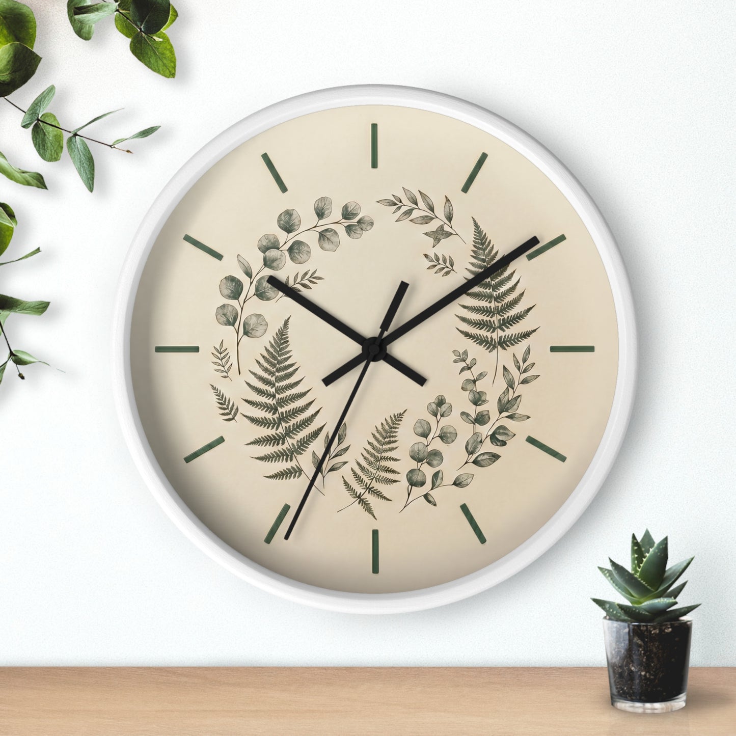 Botanical Fern Wreath Wall Clock | Neutral Eucalyptus Timepiece