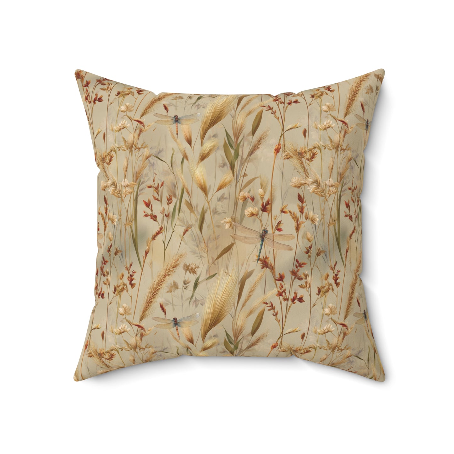Neutral Botanical Print Pillow | Dried Wildflower Dragonfly Pattern, Square Throw Pillow