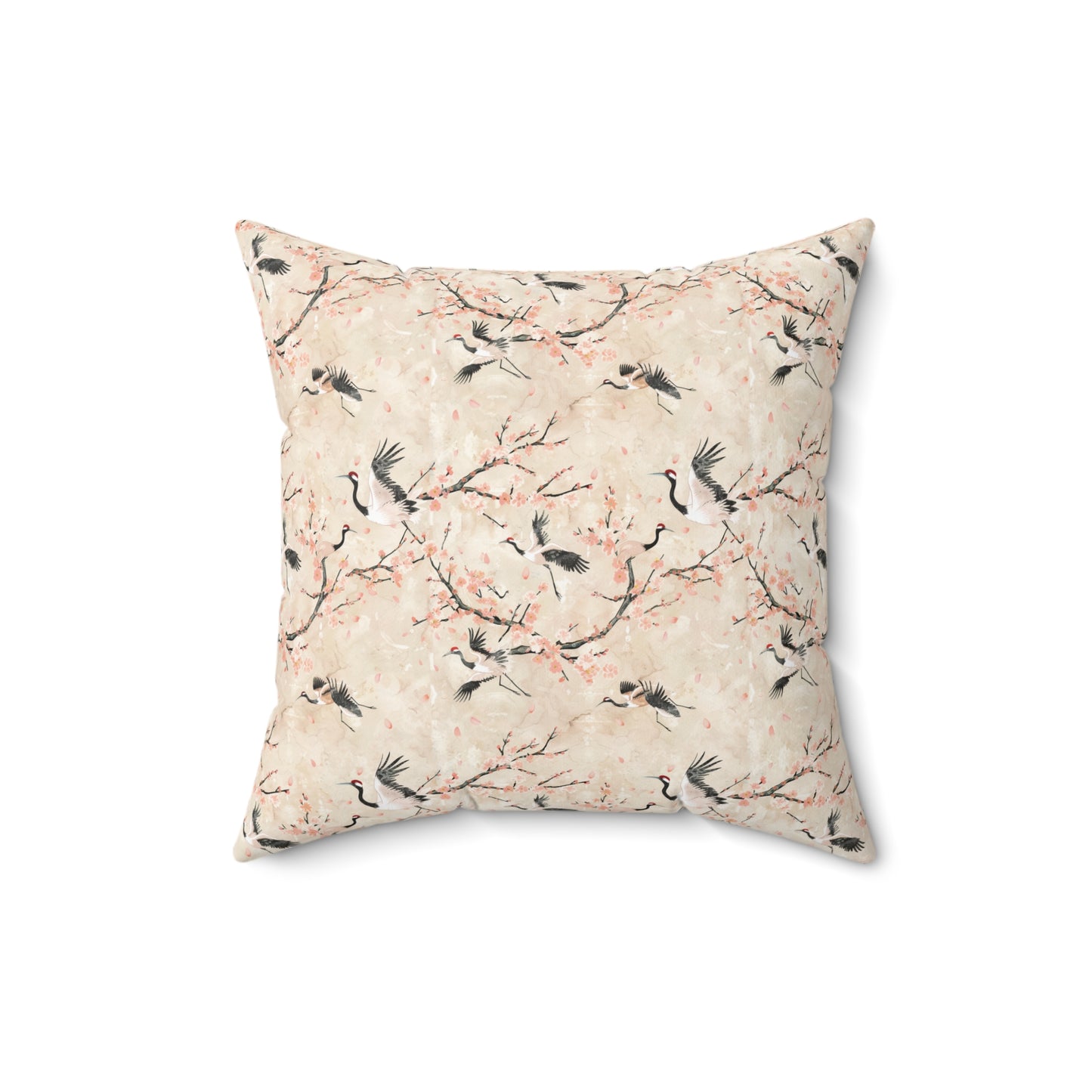 Cherry Blossom Crane Pillow | Floral Japanese Stork Pattern Square Pillow