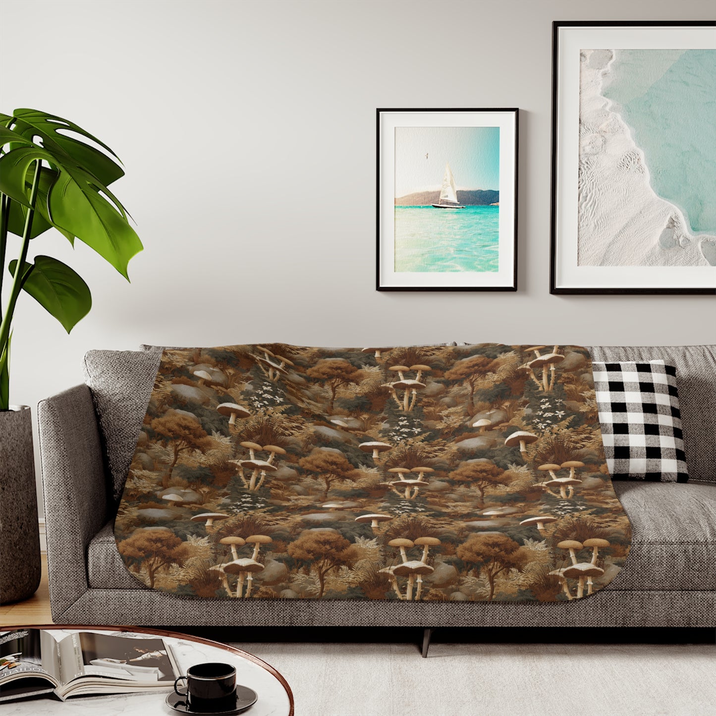 Autumn Mushroom Forest Sherpa Blanket | Cozy Fall Fungi Pattern
