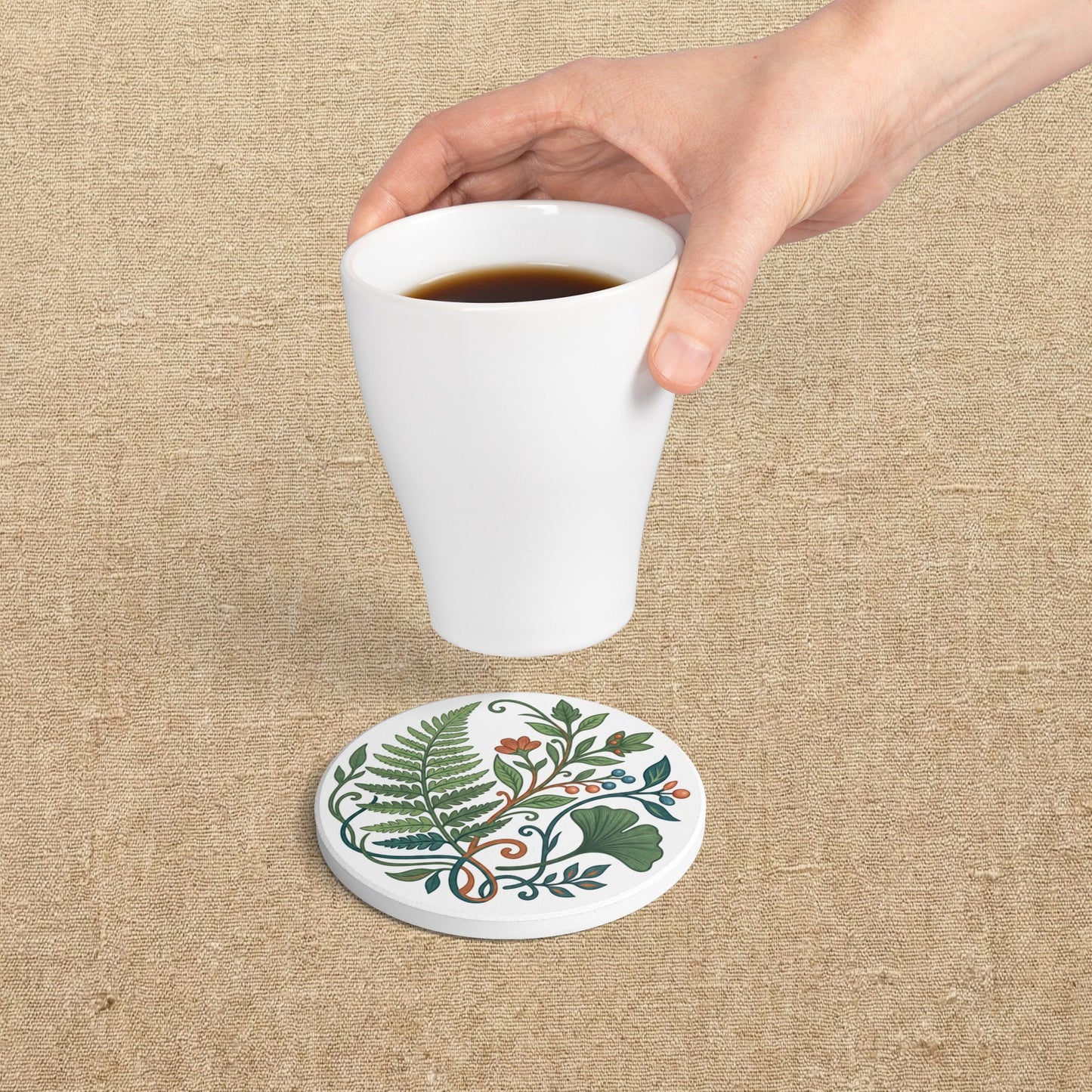 Botanical Fern and Ginkgo Illustration Ceramic Coaster | Floral Drink Coaster
