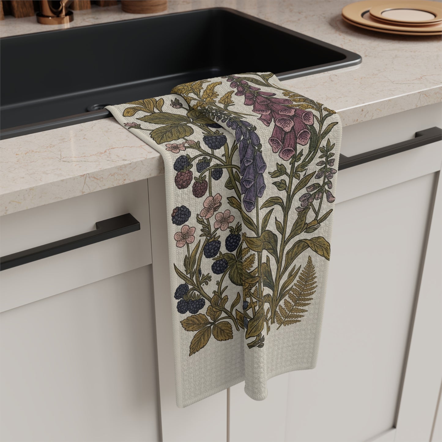 Wildflower and Berry Wreath Tea Towel | Botanical Kitchen Linen