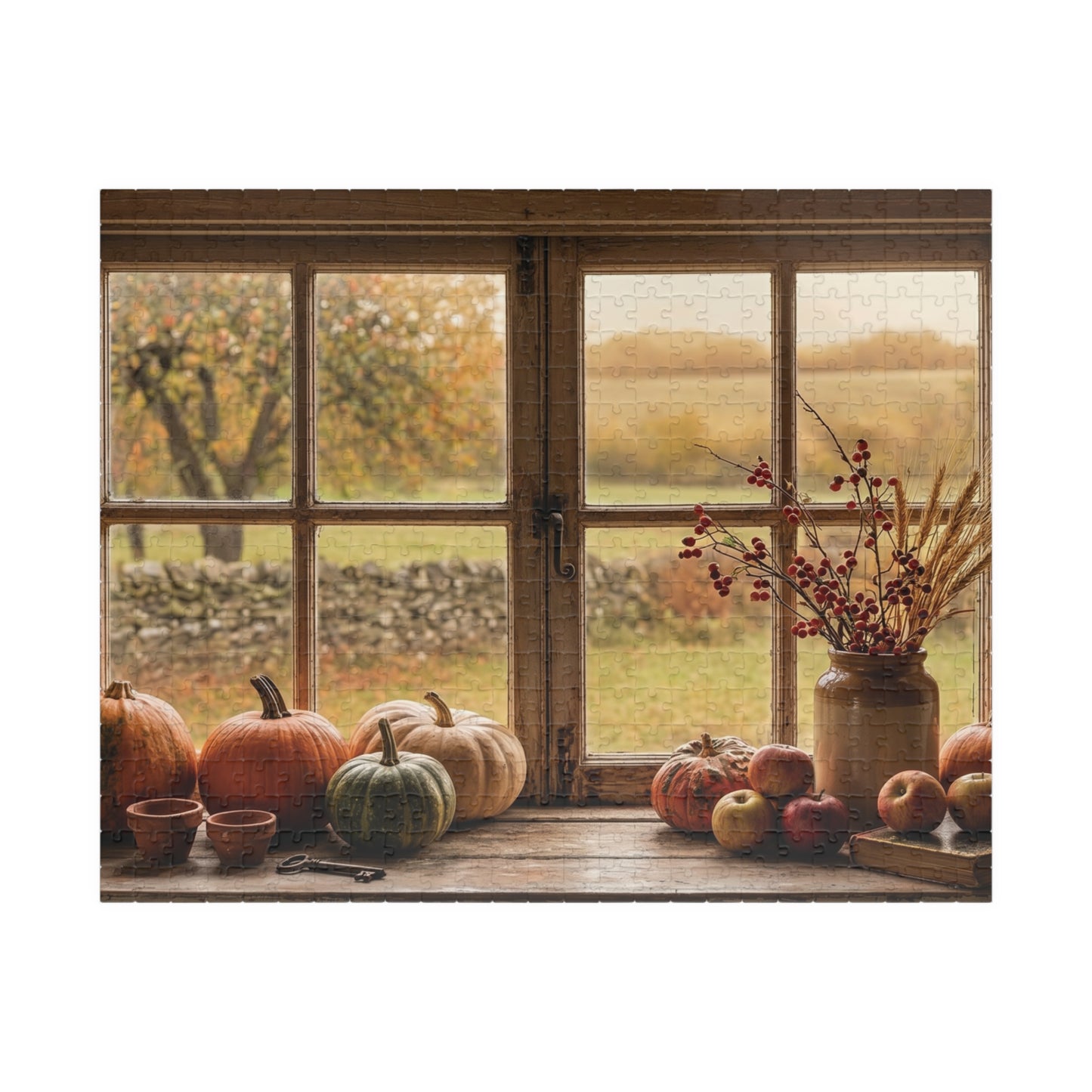 Autumn Harvest Window Puzzle 110, 252, 520, or 1014 Pieces | Fall Pumpkins Apples Still Life