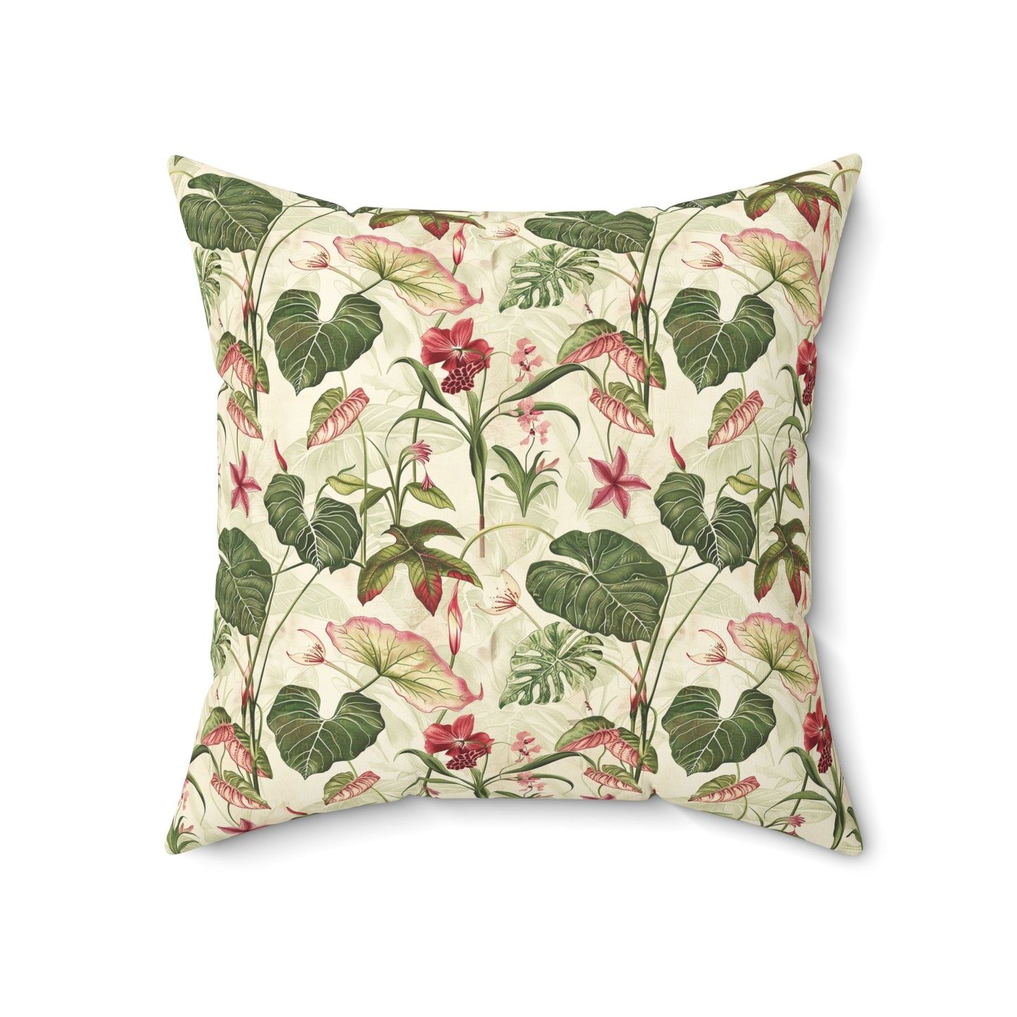 Vintage Botanical Floral Pattern Pillow | Tropical Leaves, Pink Flowers