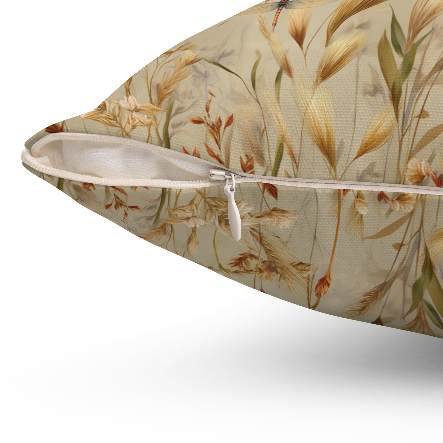 Neutral Botanical Print Pillow | Dried Wildflower Dragonfly Pattern, Square Throw Pillow