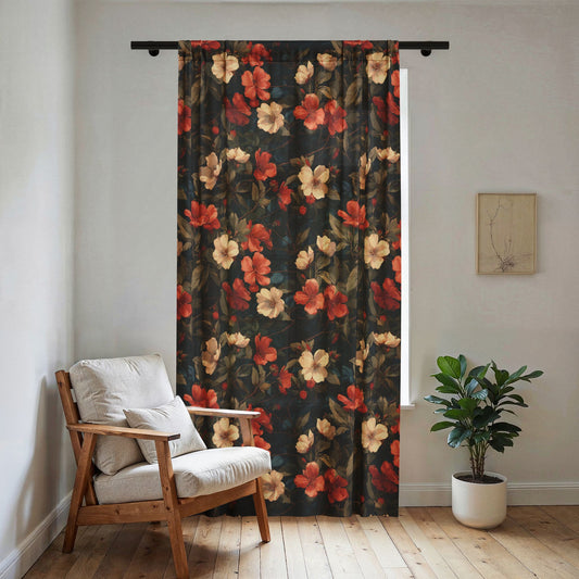 Vintage Floral Pattern Sheer Curtain | Red Cream Flowers on Dark Background