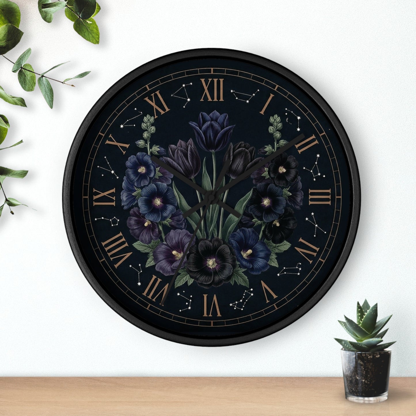 Midnight Violet Florals Wall Clock | Roman Numerals, Constellation Accents