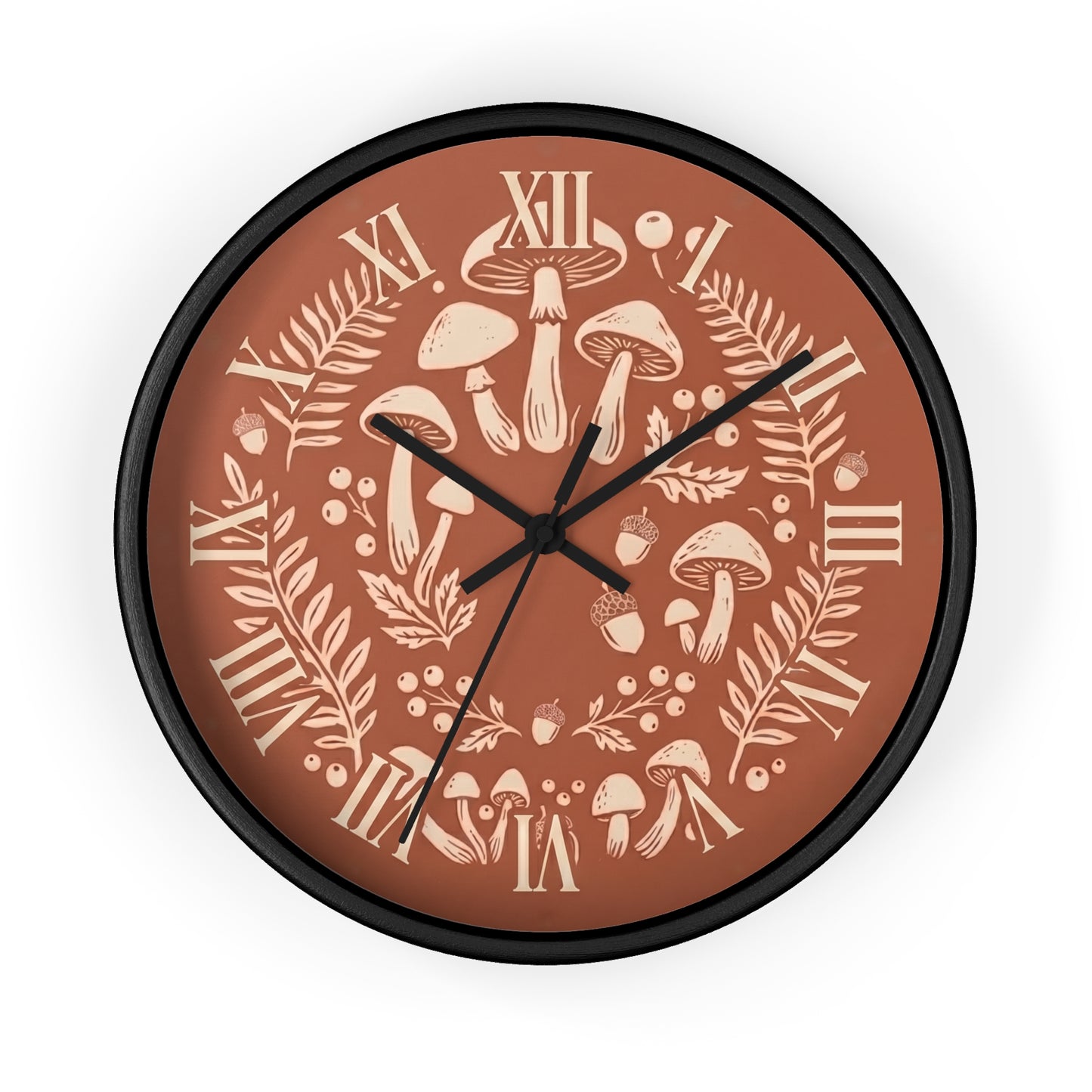 Mushroom Wreath Wall Clock | Botanical Fungi Illustration, Roman Numerals