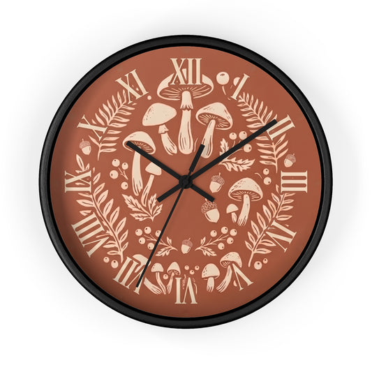 Mushroom Wreath Wall Clock | Botanical Fungi Illustration, Roman Numerals