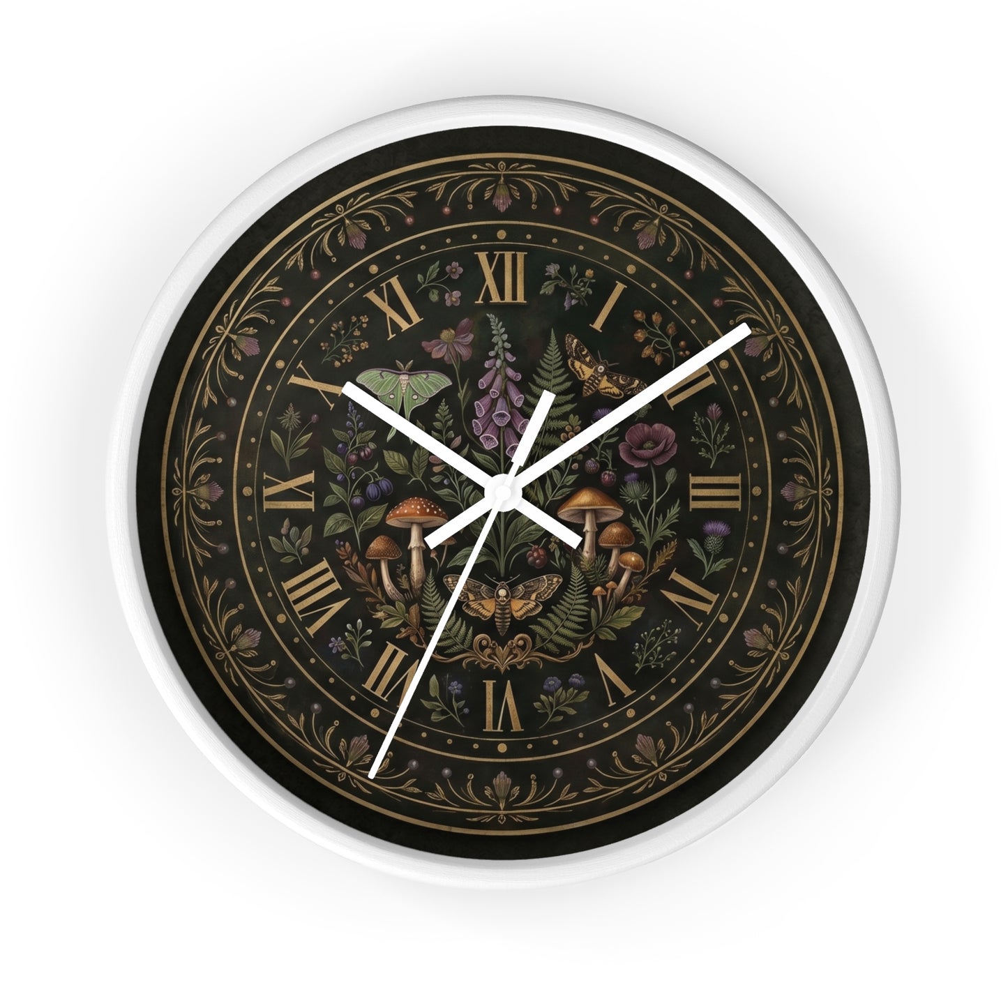 Moth & Mushroom Floral Wall Clock | Botanical Roman Numeral Timepiece