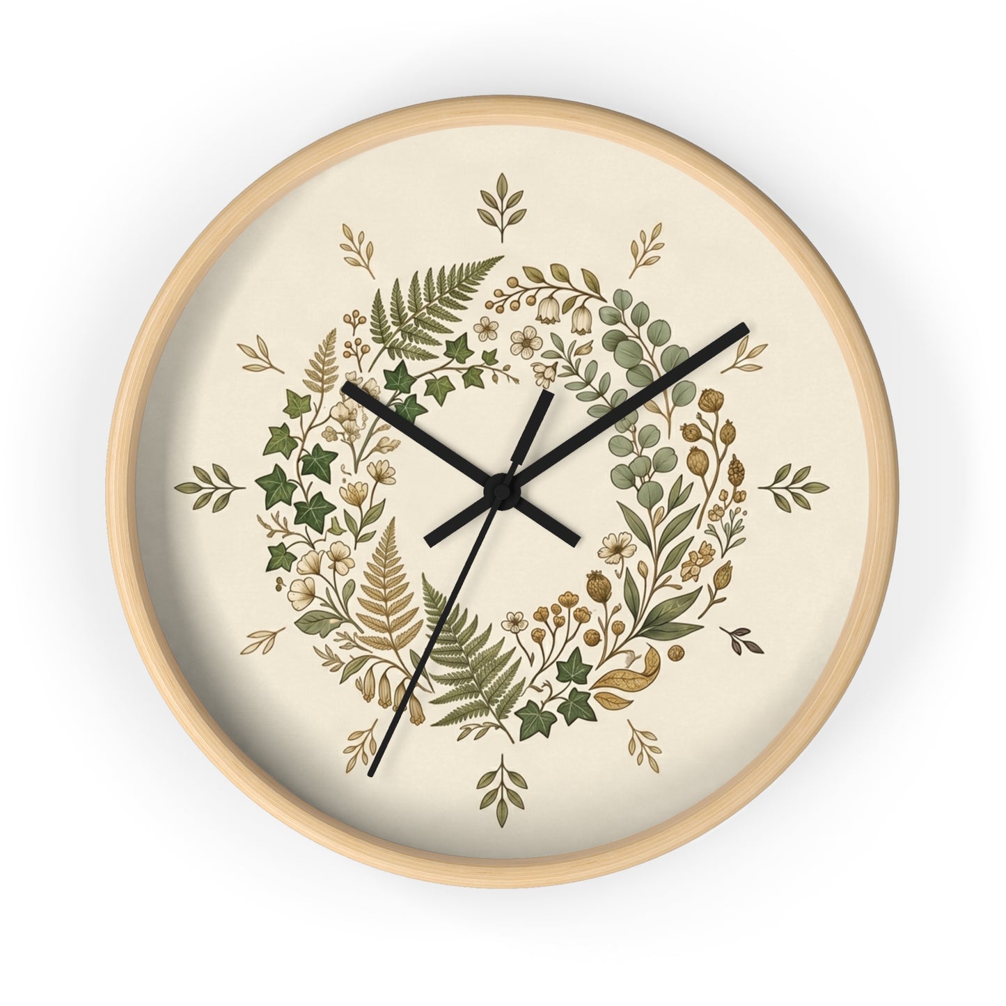 Botanical Wreath Wall Clock | Neutral Fern Floral Clock