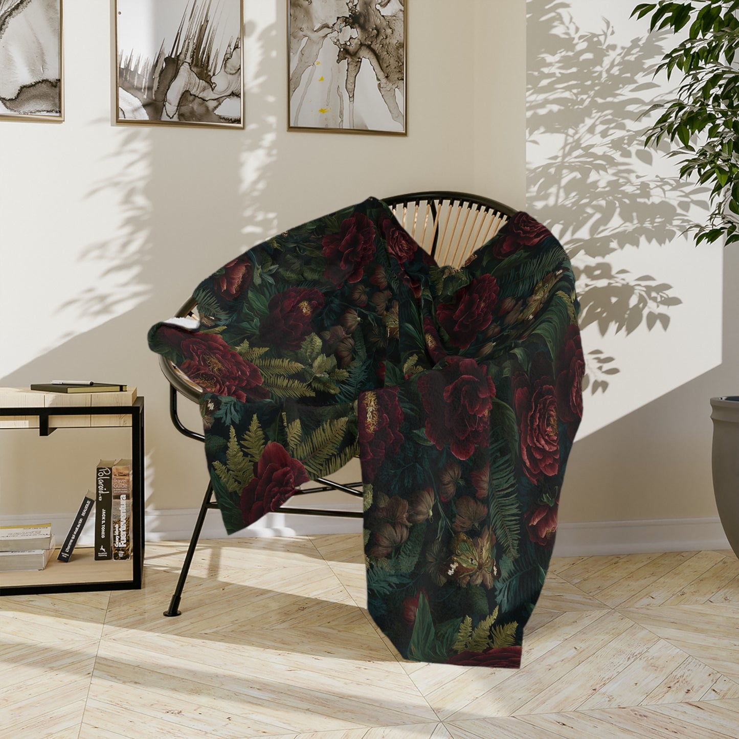 Dark Red Rose Floral Blanket | Vintage Botanical Pattern