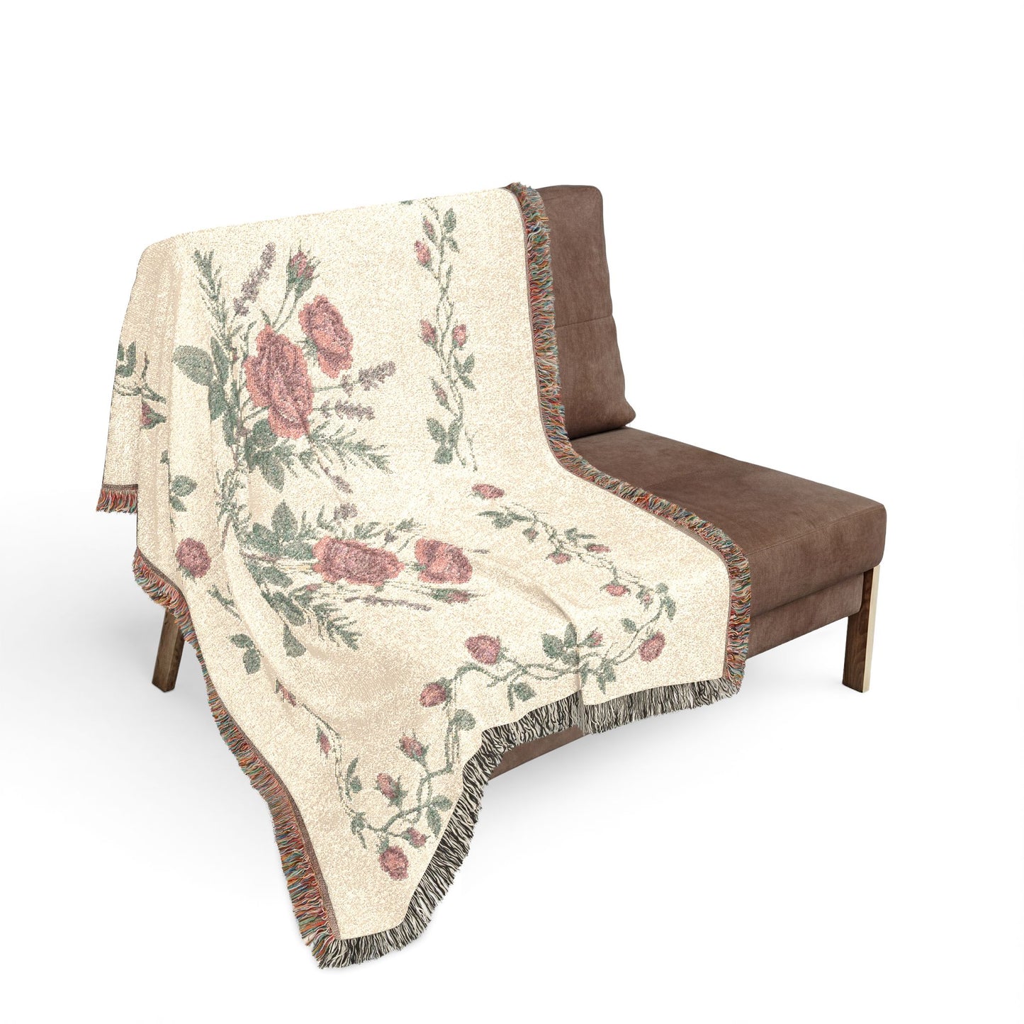 Vintage Rose Lavender Floral Woven Blanket | Tapestry Throw, Floral Fringe
