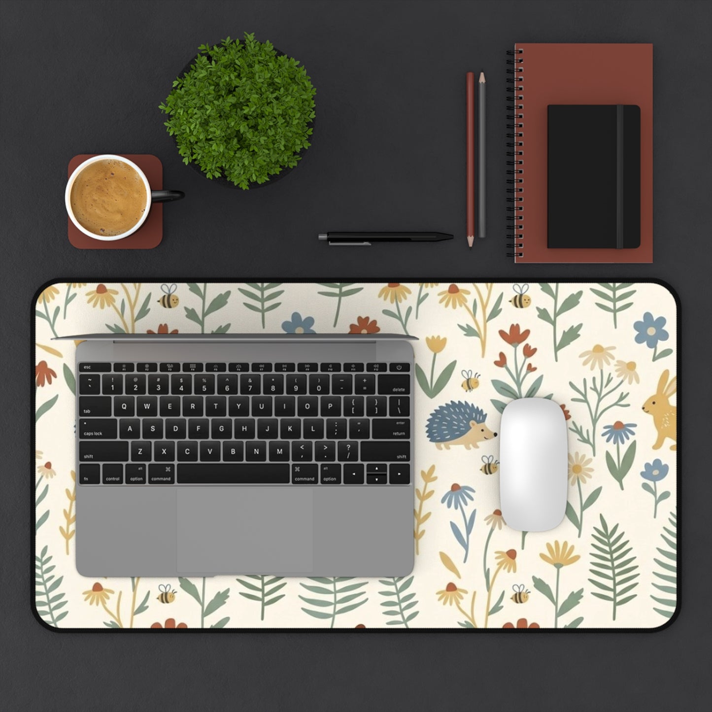 Woodland Rabbits and Hedgehogs Desk Mat | Floral Forest Mousepad