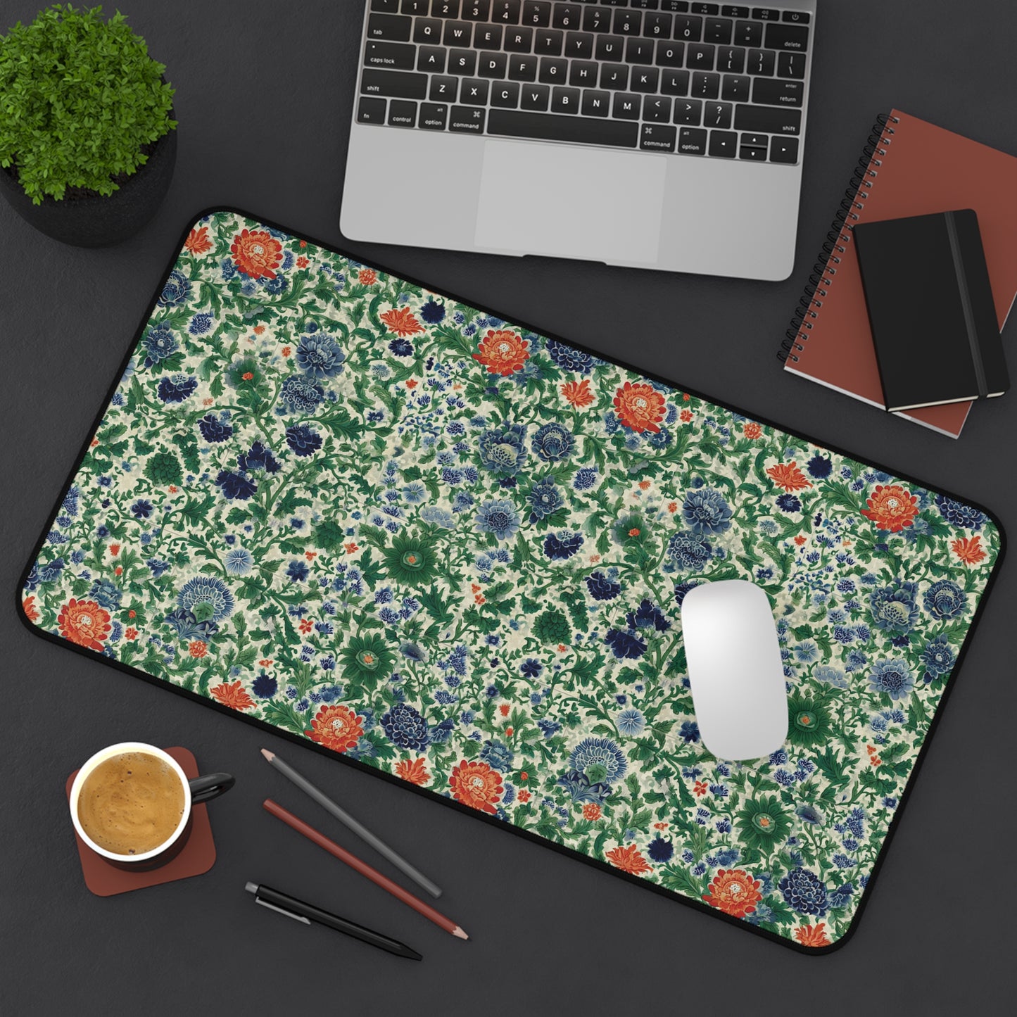 Vintage Floral Pattern Desk Mat | Green Blue Orange Botanical Mouse Pad