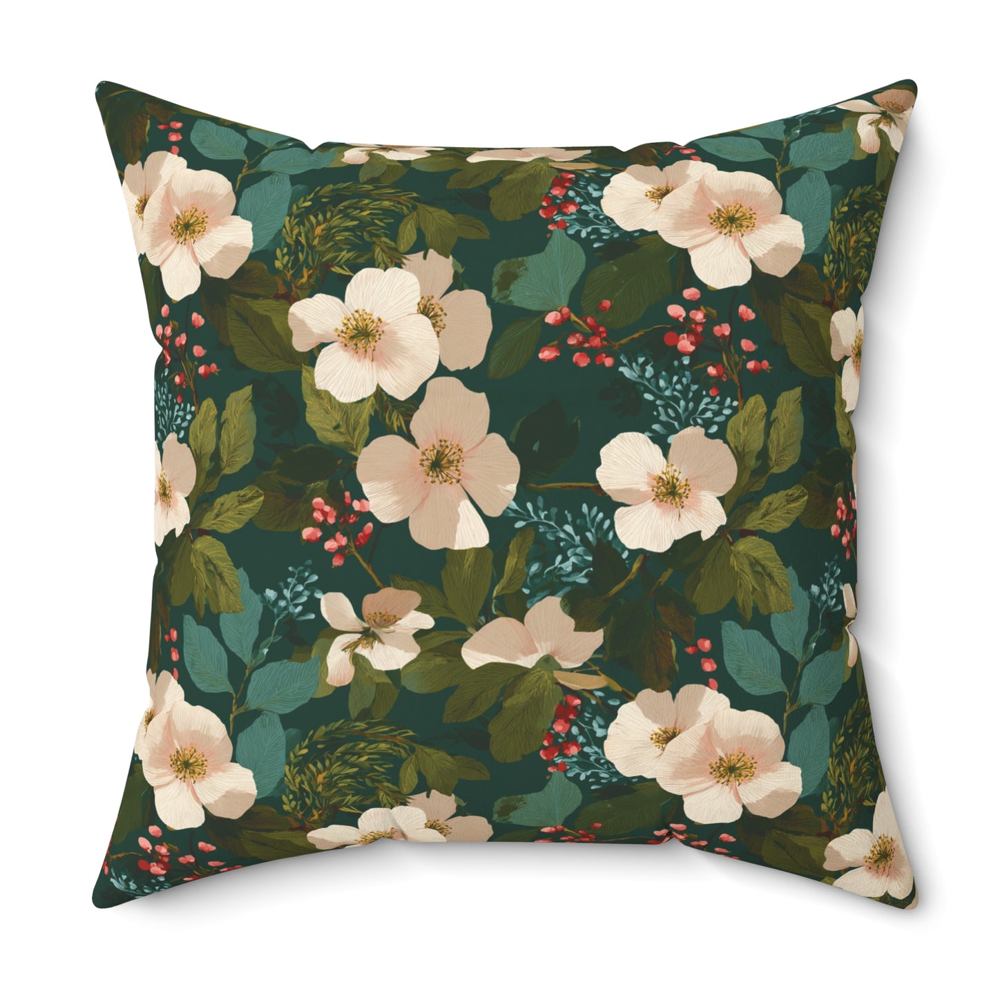 Cream Floral Pattern Pillow | Dark Green Botanical Throw Pillow