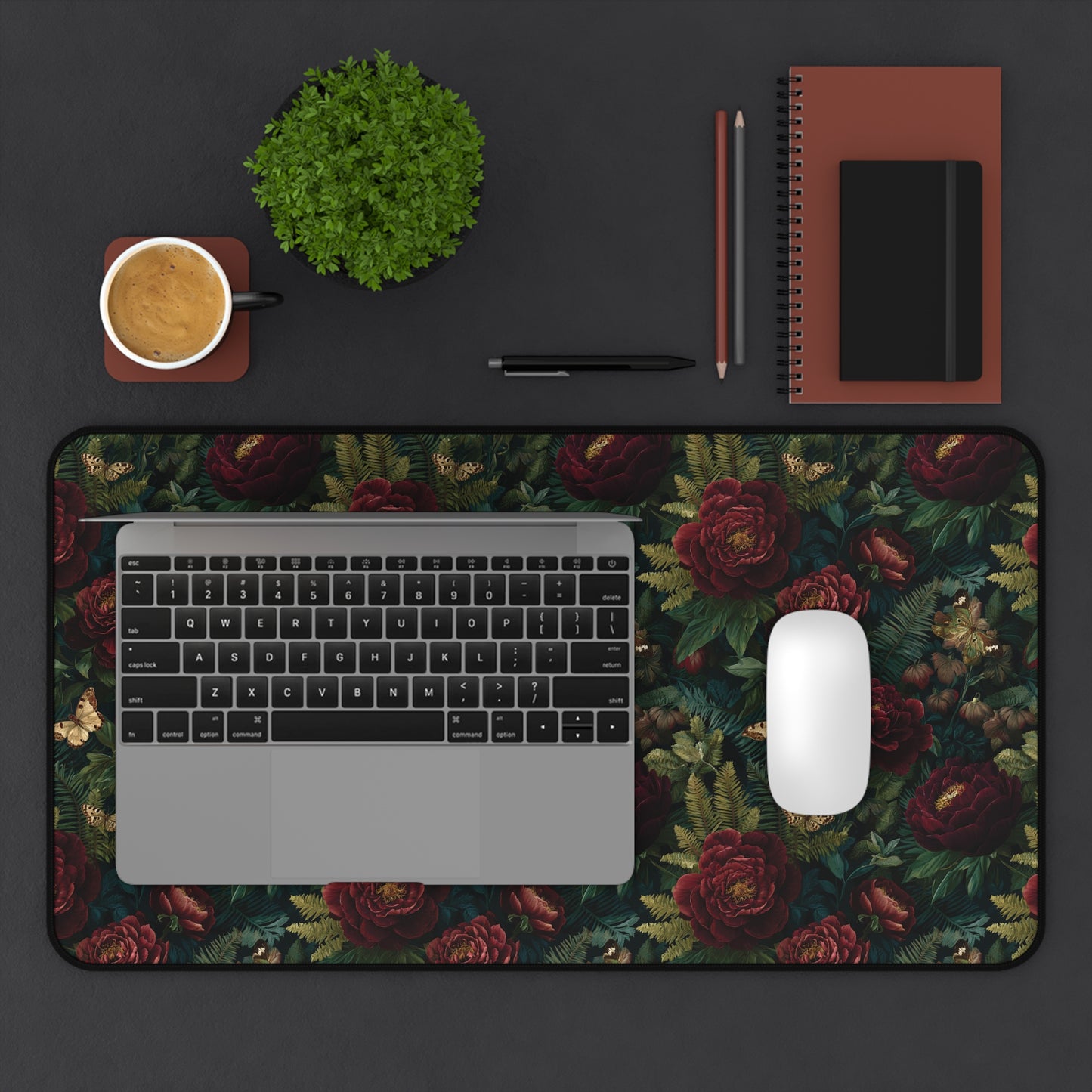 Dark Vintage Rose Desk Mat | Floral Pattern Mouse Pad, Victorian Botanical