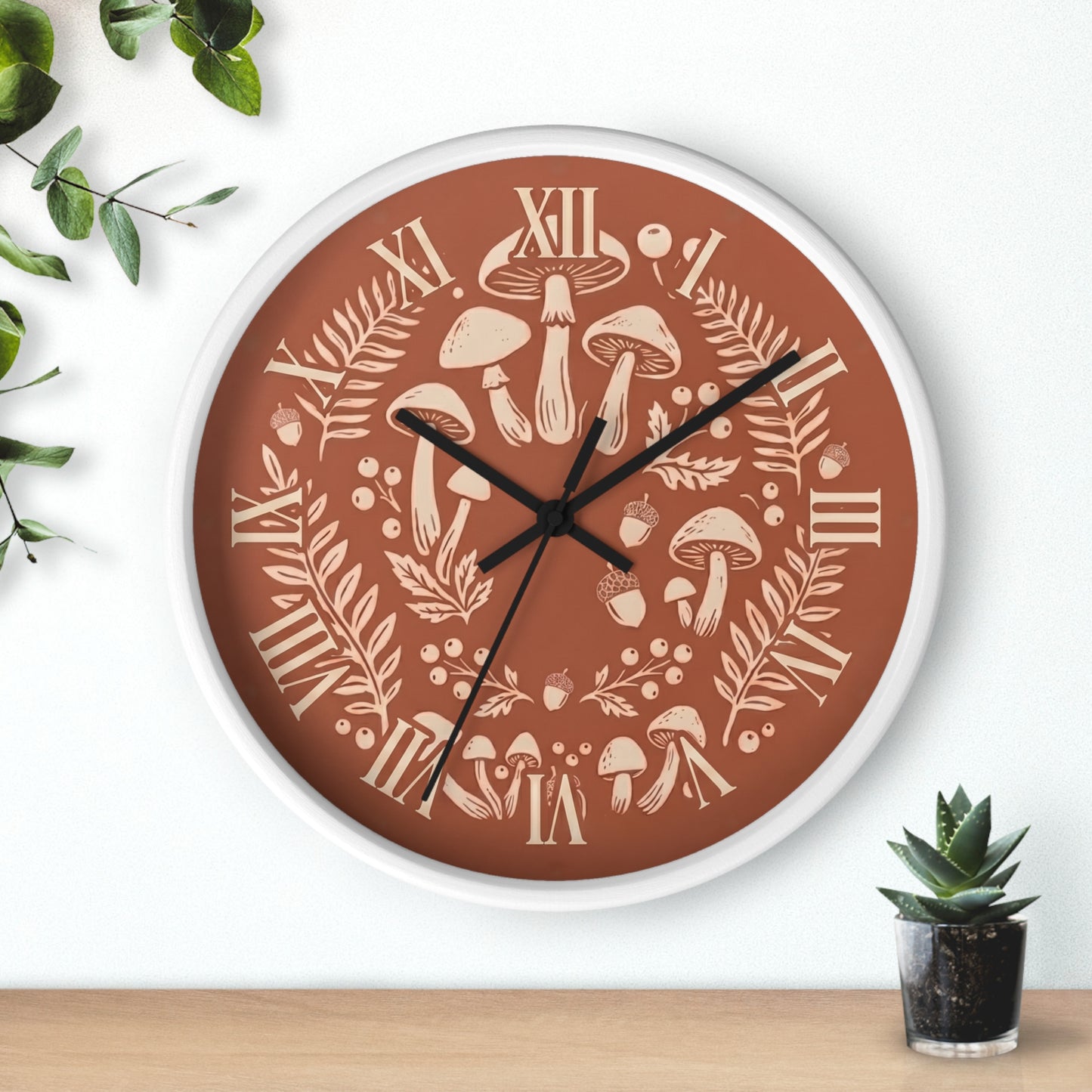Mushroom Wreath Wall Clock | Botanical Fungi Illustration, Roman Numerals