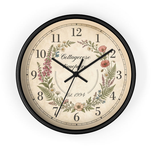 Floral Wreath Vintage Customizable Script Wall Clock | Cottagecore, Botanical Decor