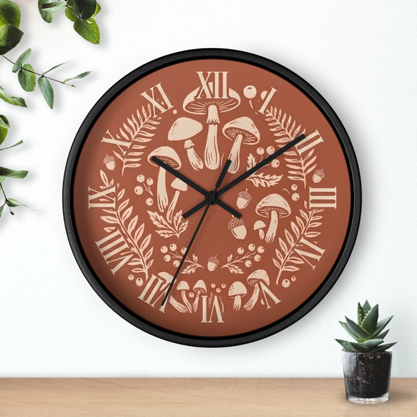 Mushroom Wreath Wall Clock | Botanical Fungi Illustration, Roman Numerals