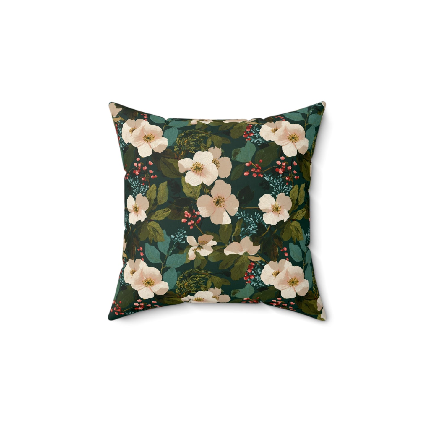 Cream Floral Pattern Pillow | Dark Green Botanical Throw Pillow