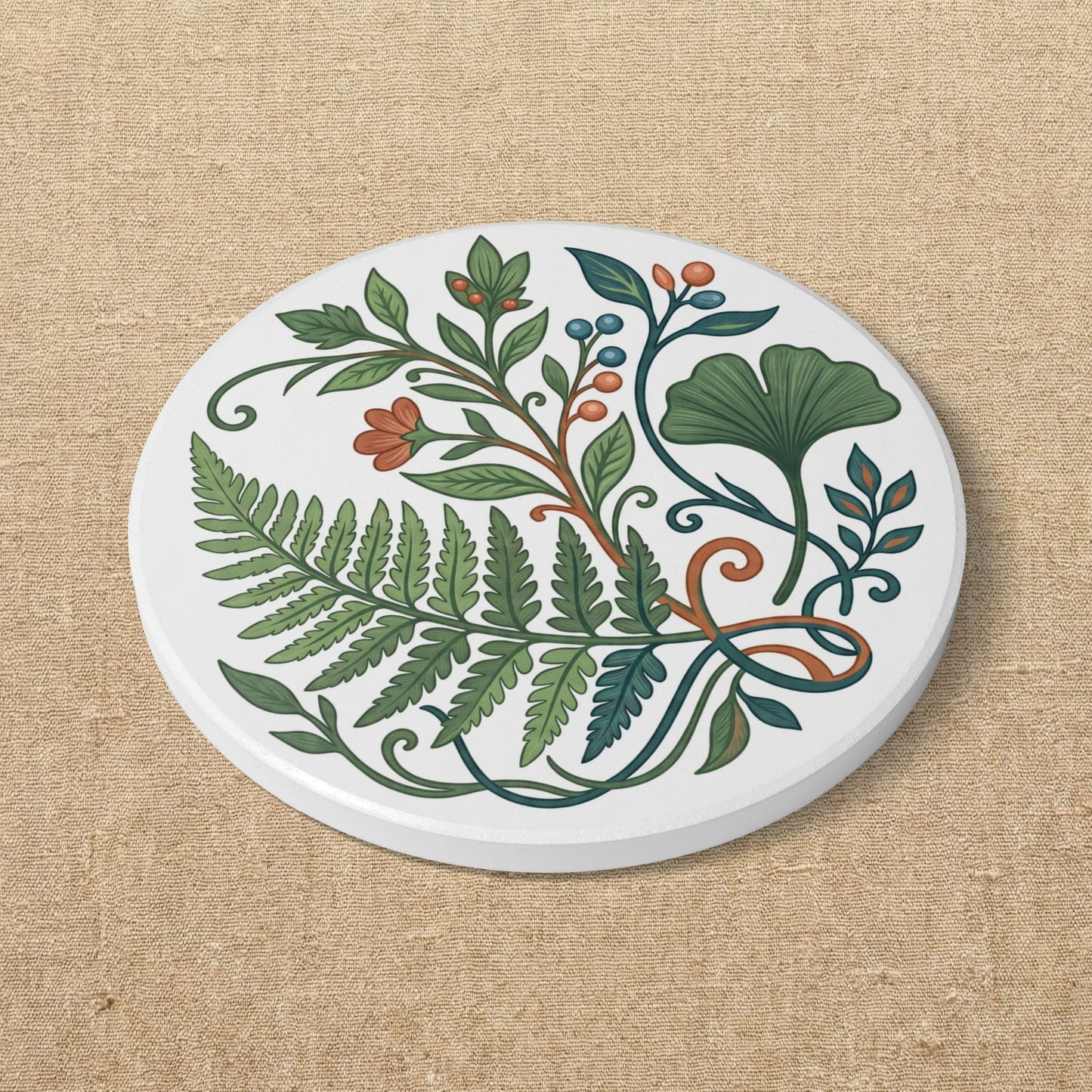 Botanical Fern and Ginkgo Illustration Ceramic Coaster | Floral Drink Coaster