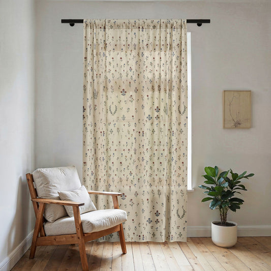 Delicate Wildflower Sheer Window Curtain | Botanical Ditsy Print, Neutral Sheer Panel