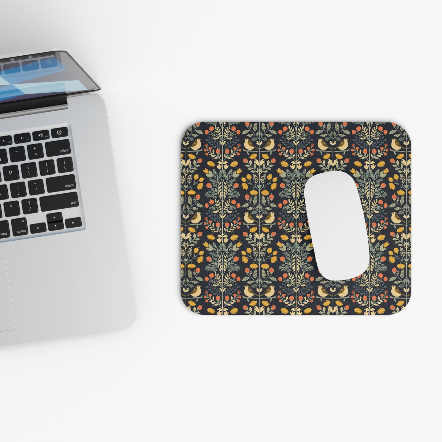 Folk Bird Floral Pattern Mouse Pad | Dark Botanical Woodland
