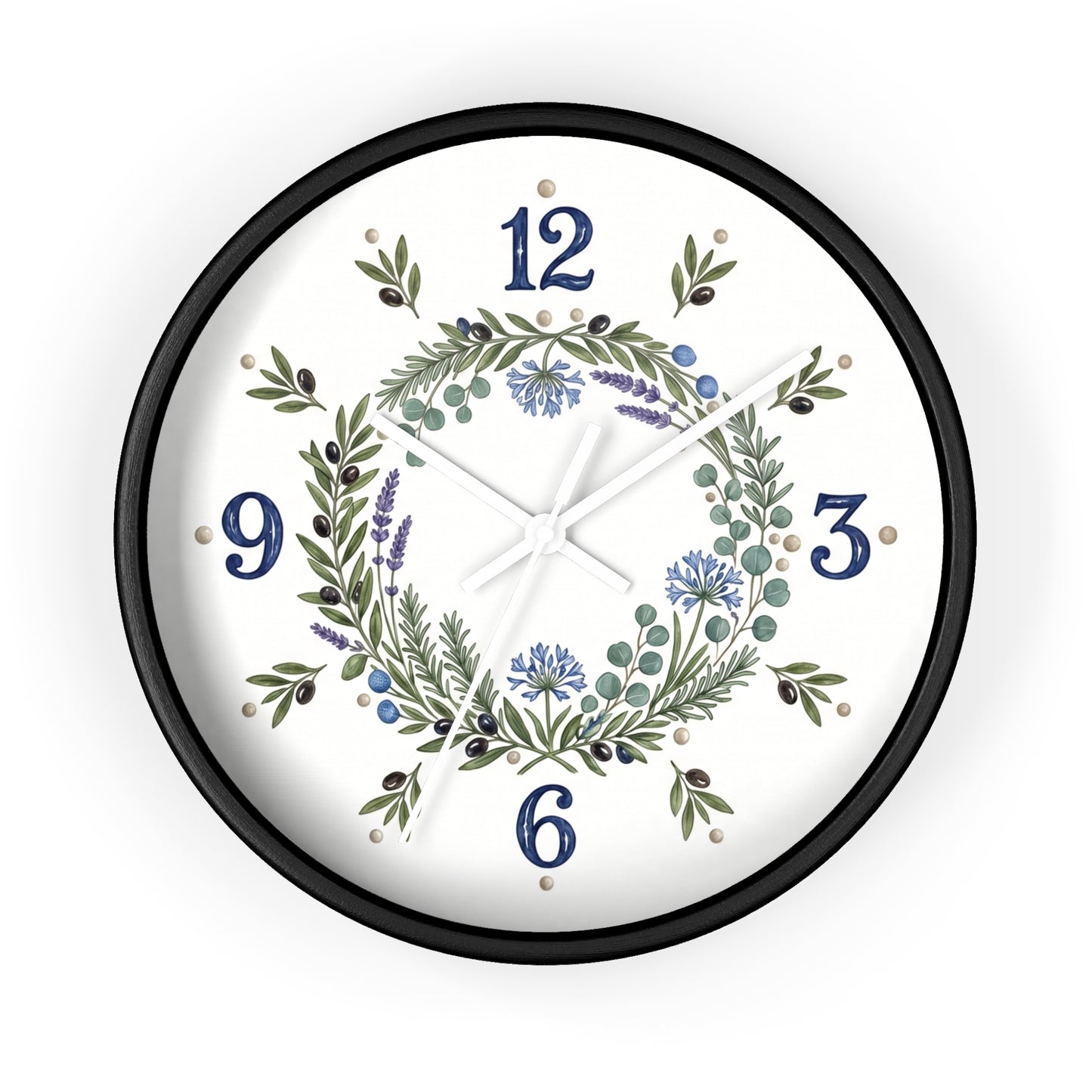 Botanical Wreath Wall Clock | Floral Laurel Timepiece, Blue Numbers