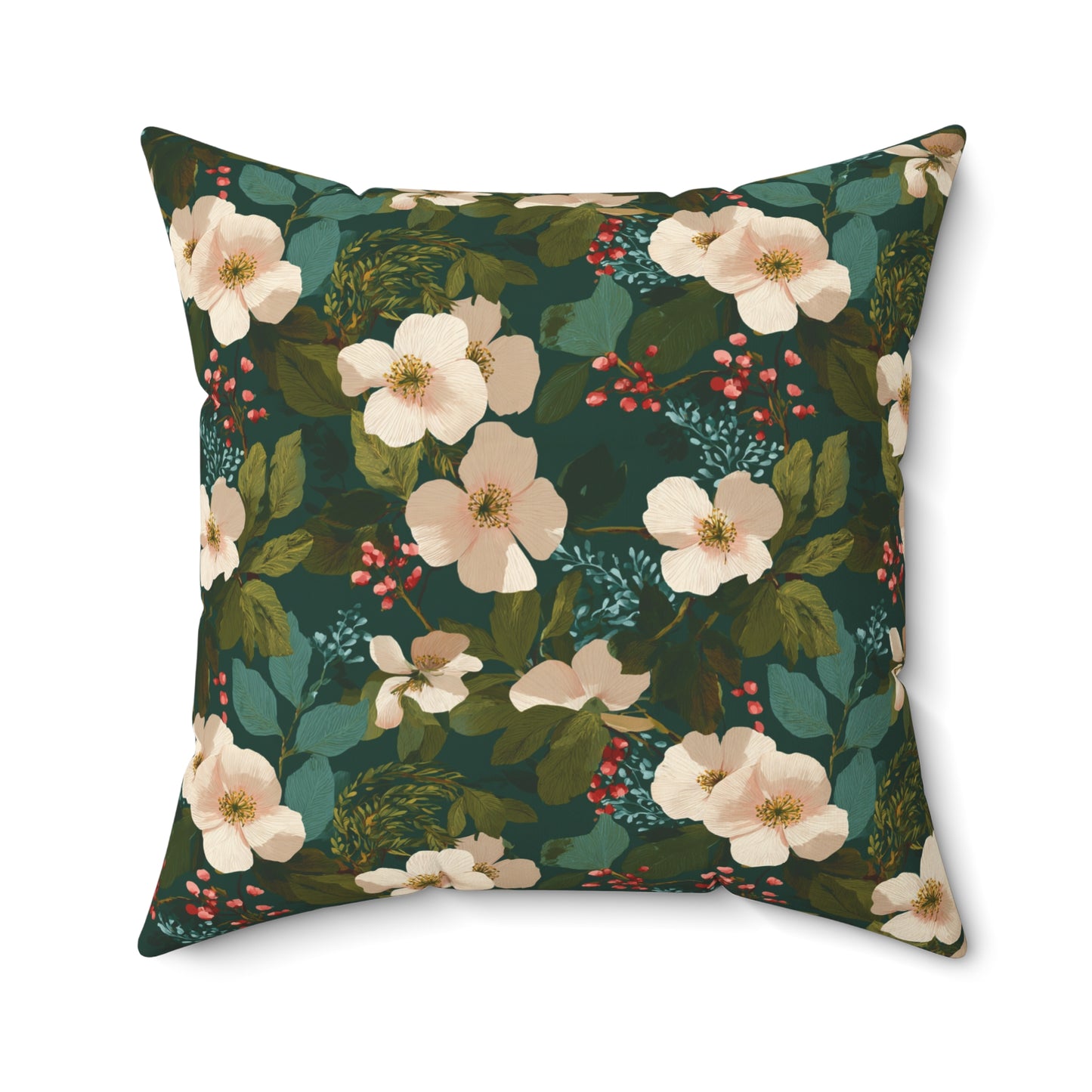 Cream Floral Pattern Pillow | Dark Green Botanical Throw Pillow