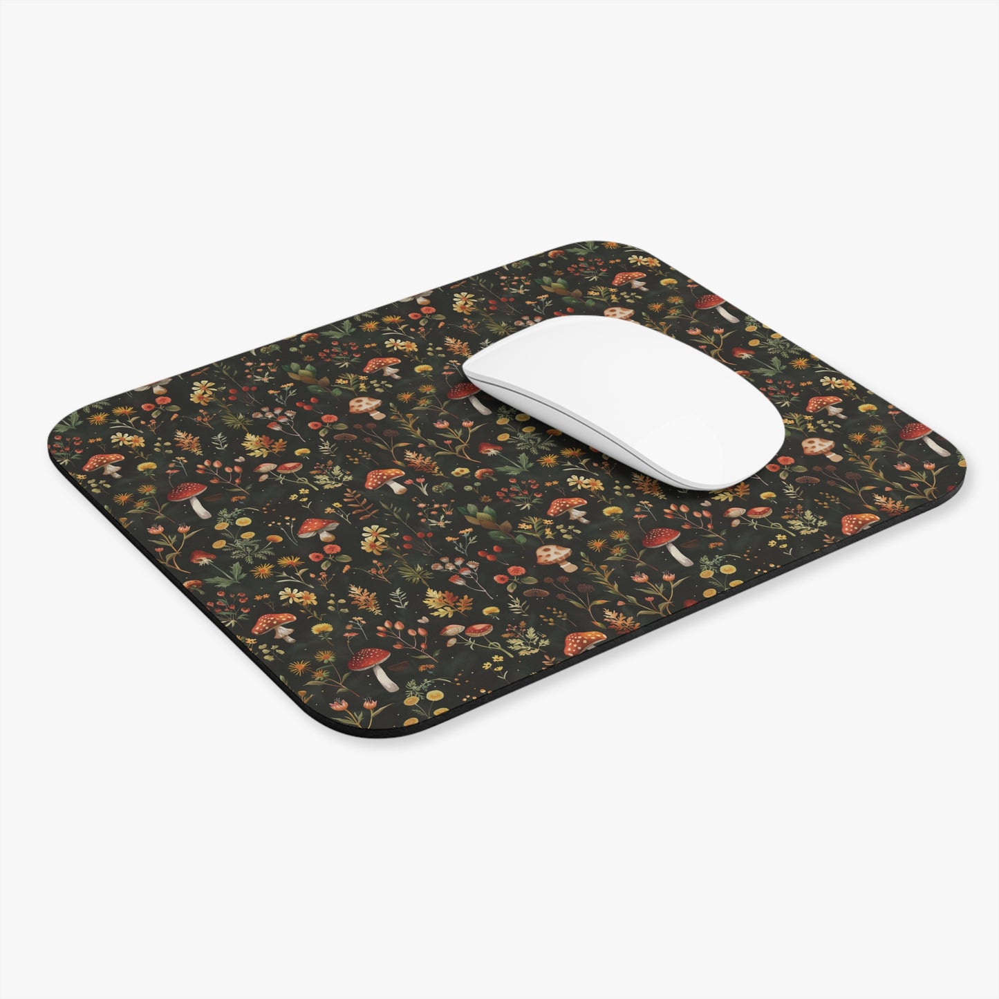 Woodland Mushrooms and Wildflowers Mouse Pad | Autumn Botanical Desk Mat