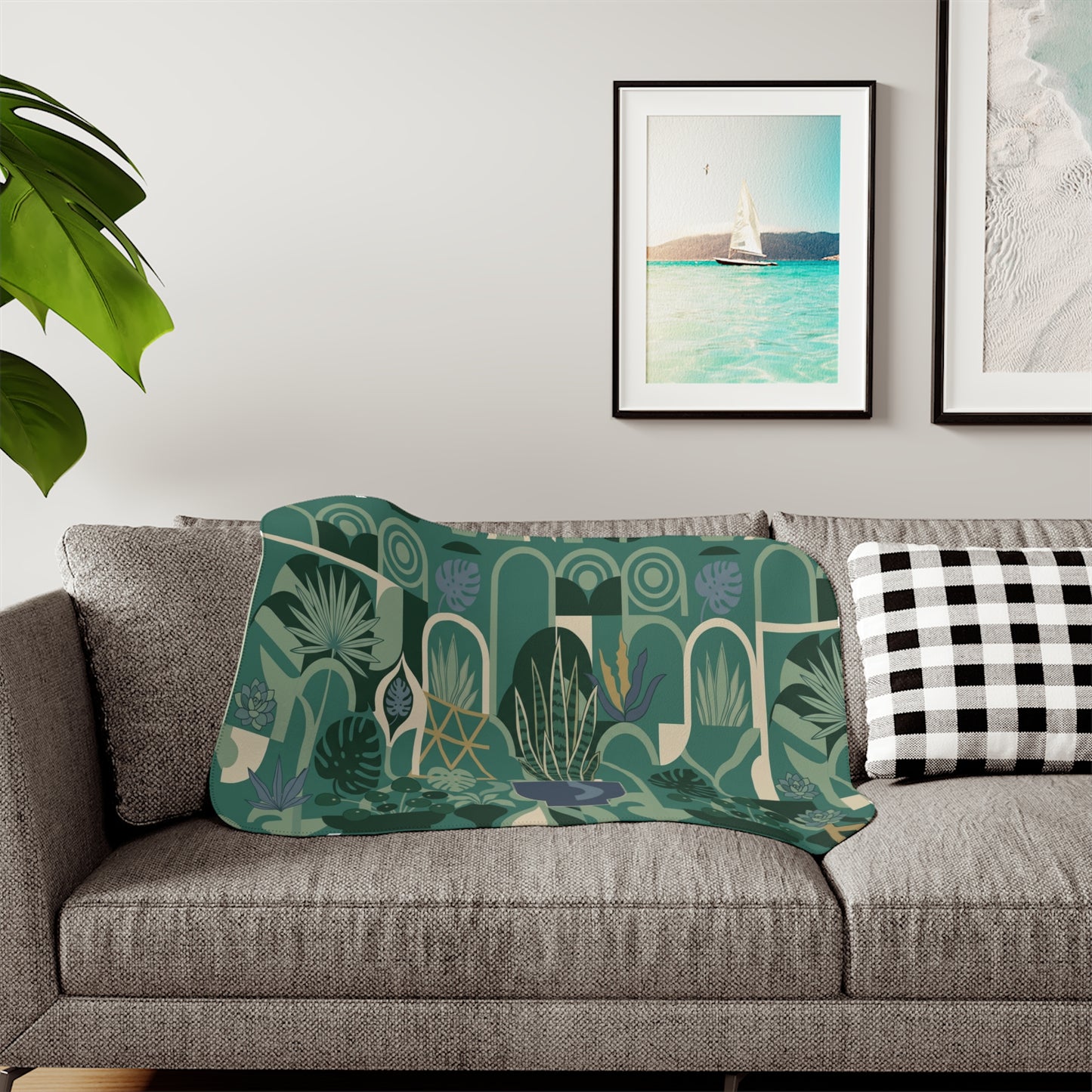 Indoor Plant Pattern Sherpa Blanket | Green Botanical Houseplant Design