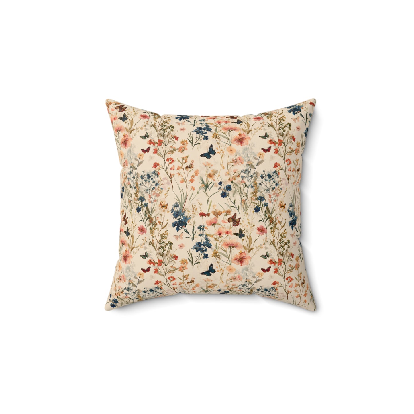 Vintage Wildflower and Butterfly Spun Polyester Square Pillow | Floral Throw Cushion