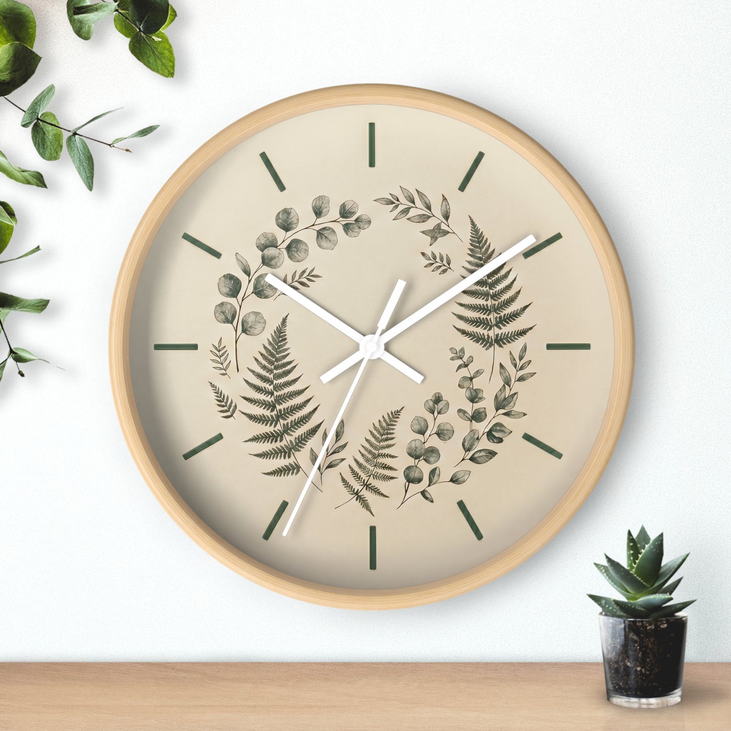 Botanical Fern Wreath Wall Clock | Neutral Eucalyptus Timepiece