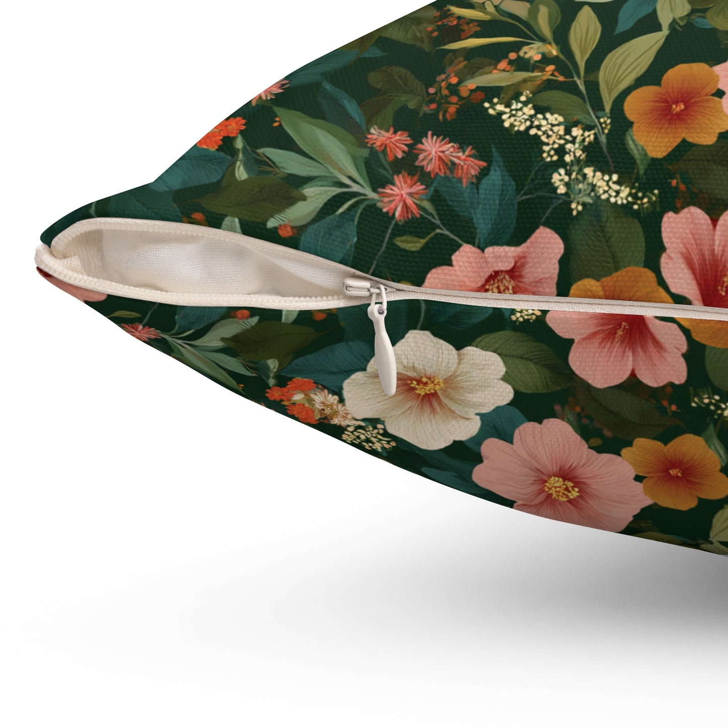 Vintage Floral Pattern Square Pillow | Dark Green Pink Orange Blossoms