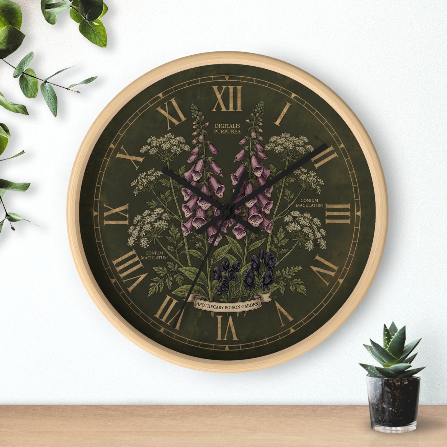 Vintage Botanical Foxglove Wall Clock | Apothecary Poison Garden, Roman Numerals, Dark Green Floral