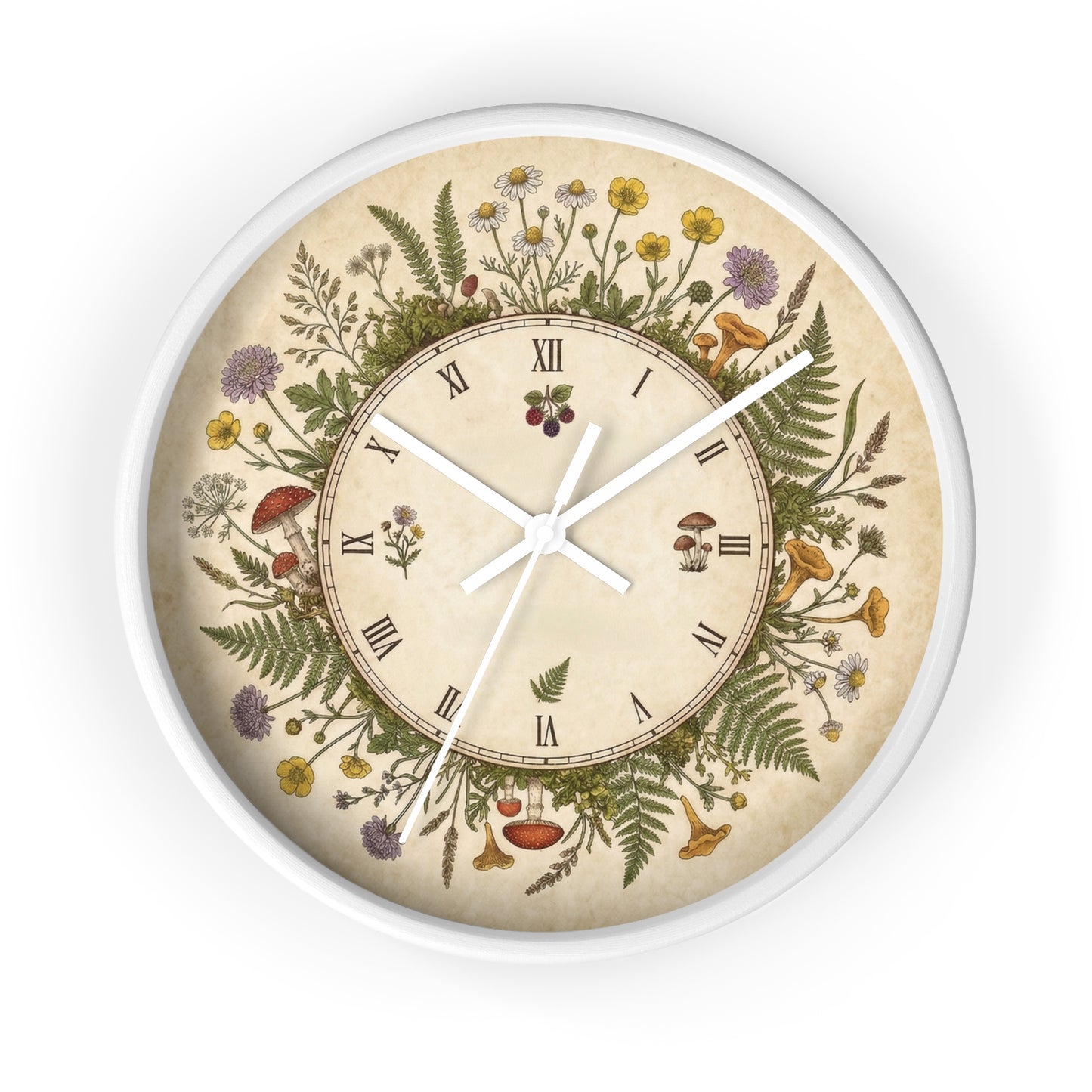 Vintage Botanical Wreath Wall Clock | Floral Ferns, Mushrooms, Roman Numerals