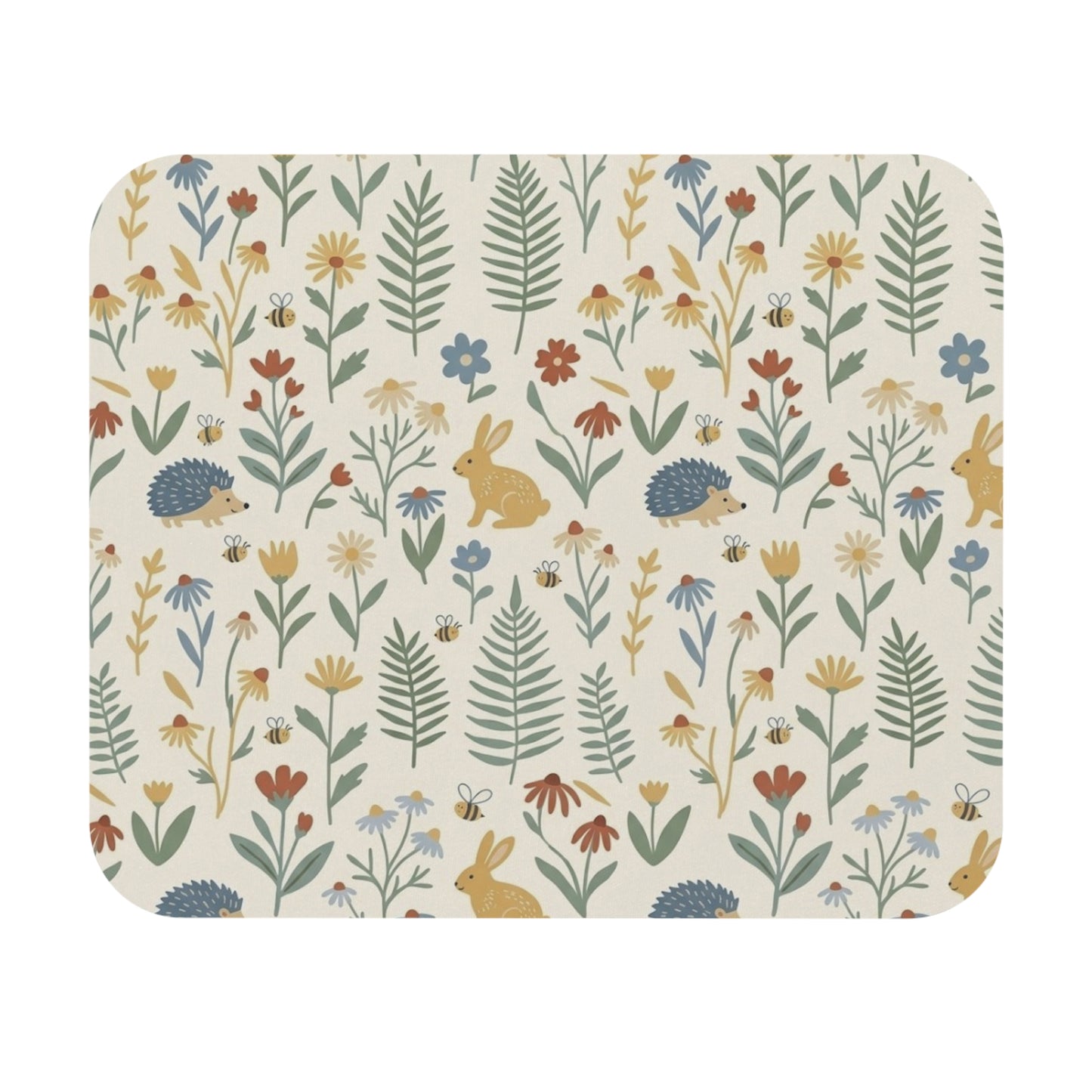 Woodland Floral Pattern Mouse Pad | Rabbits & Hedgehogs Botanical Desk Mat