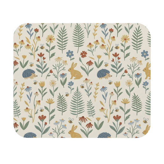 Woodland Floral Pattern Mouse Pad | Rabbits & Hedgehogs Botanical Desk Mat