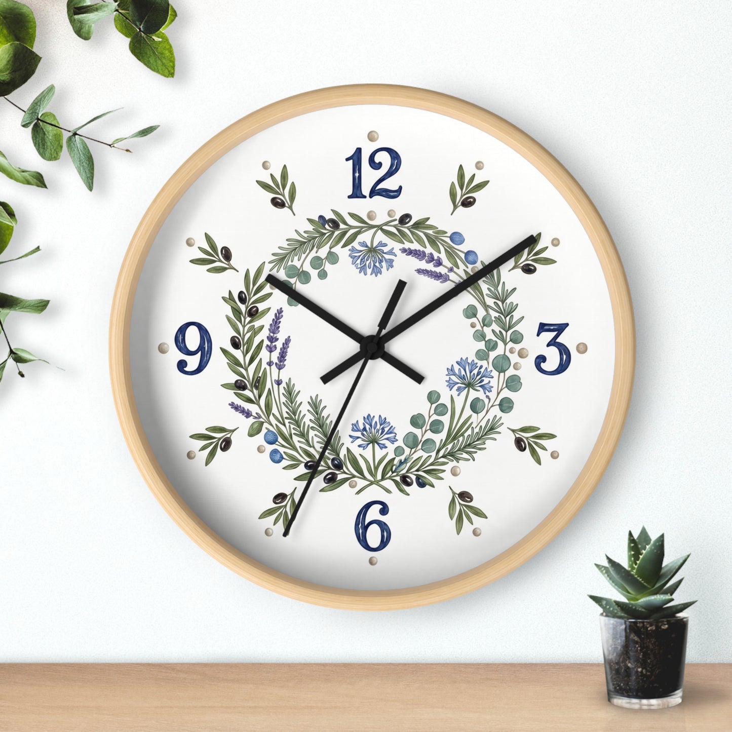 Botanical Wreath Wall Clock | Floral Laurel Timepiece, Blue Numbers