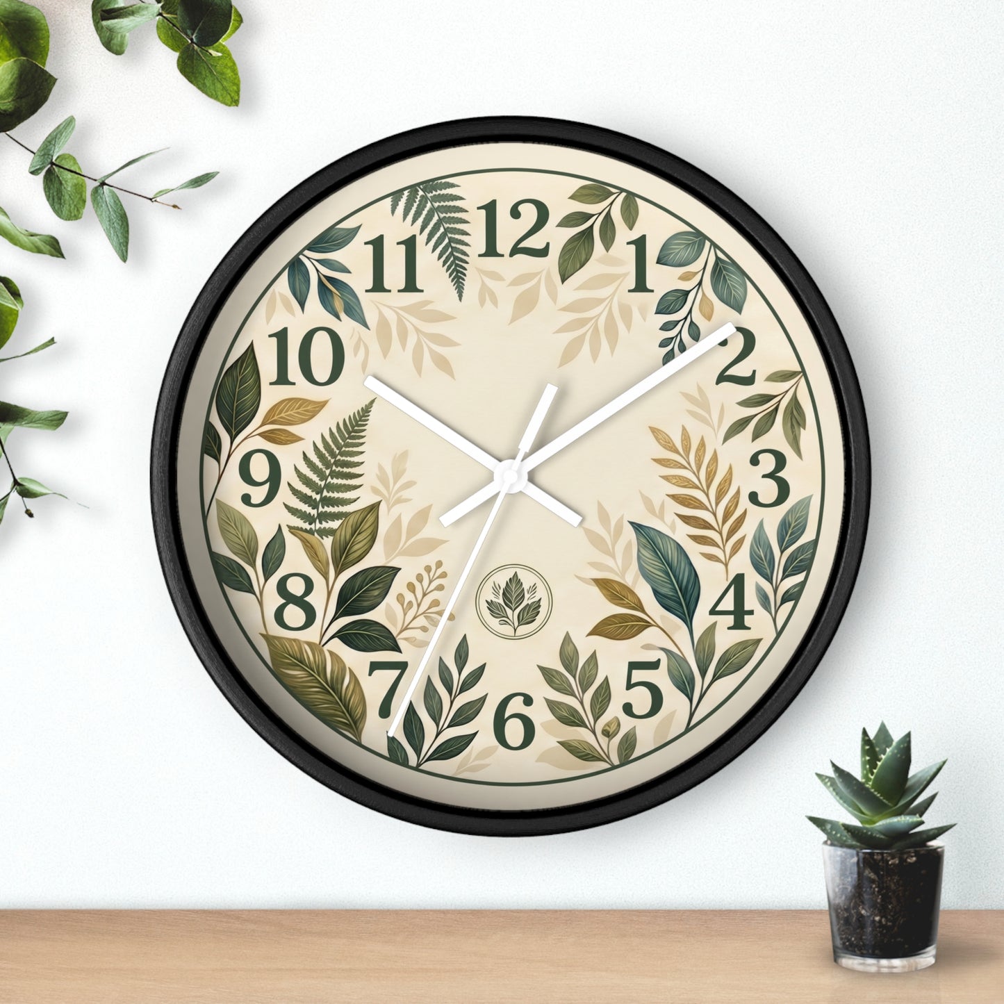 Botanical Leaves Wall Clock | Green Foliage Numbers, Neutral Rustic Decor