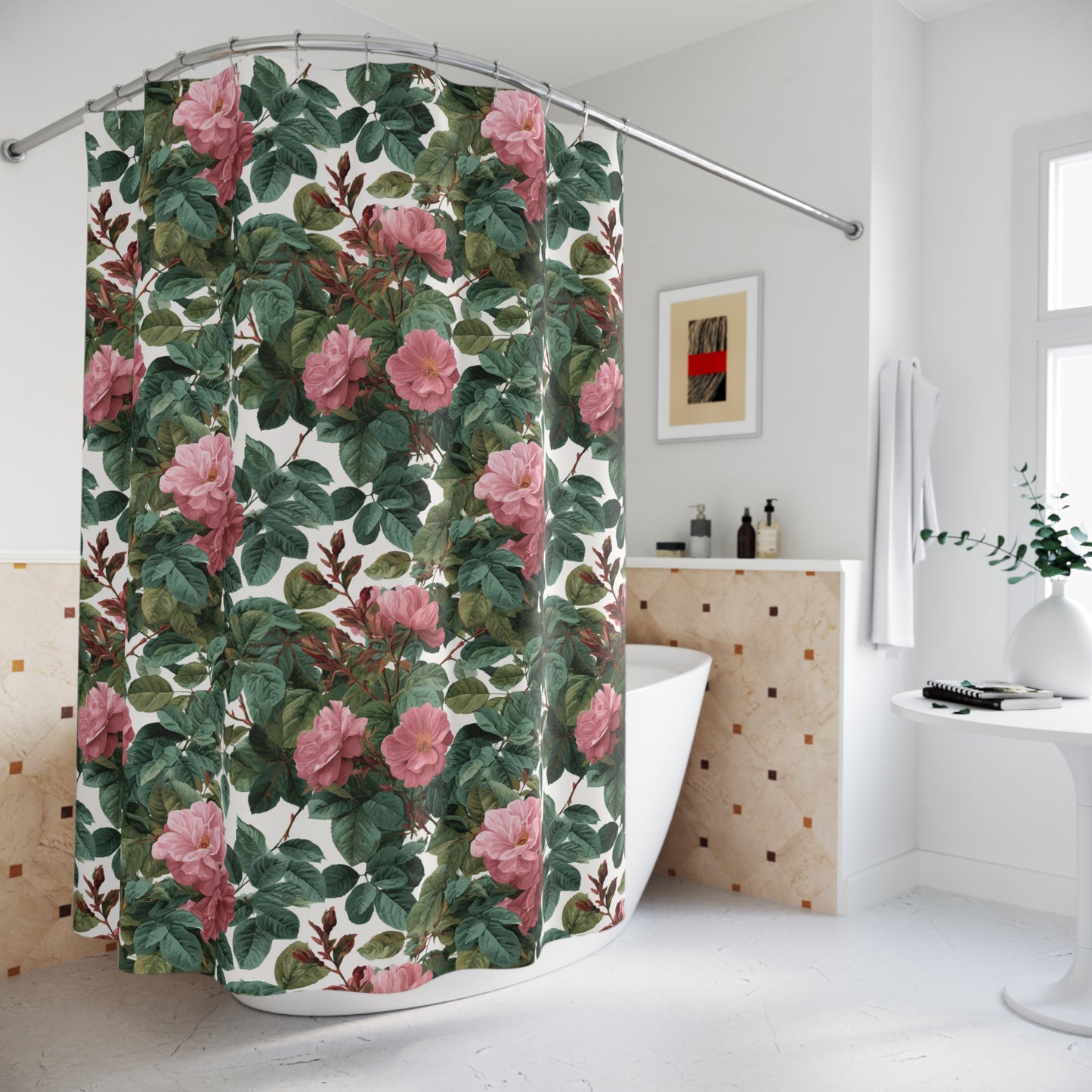 Vintage Pink Rose Floral Shower Curtain | Botanical Garden Pattern