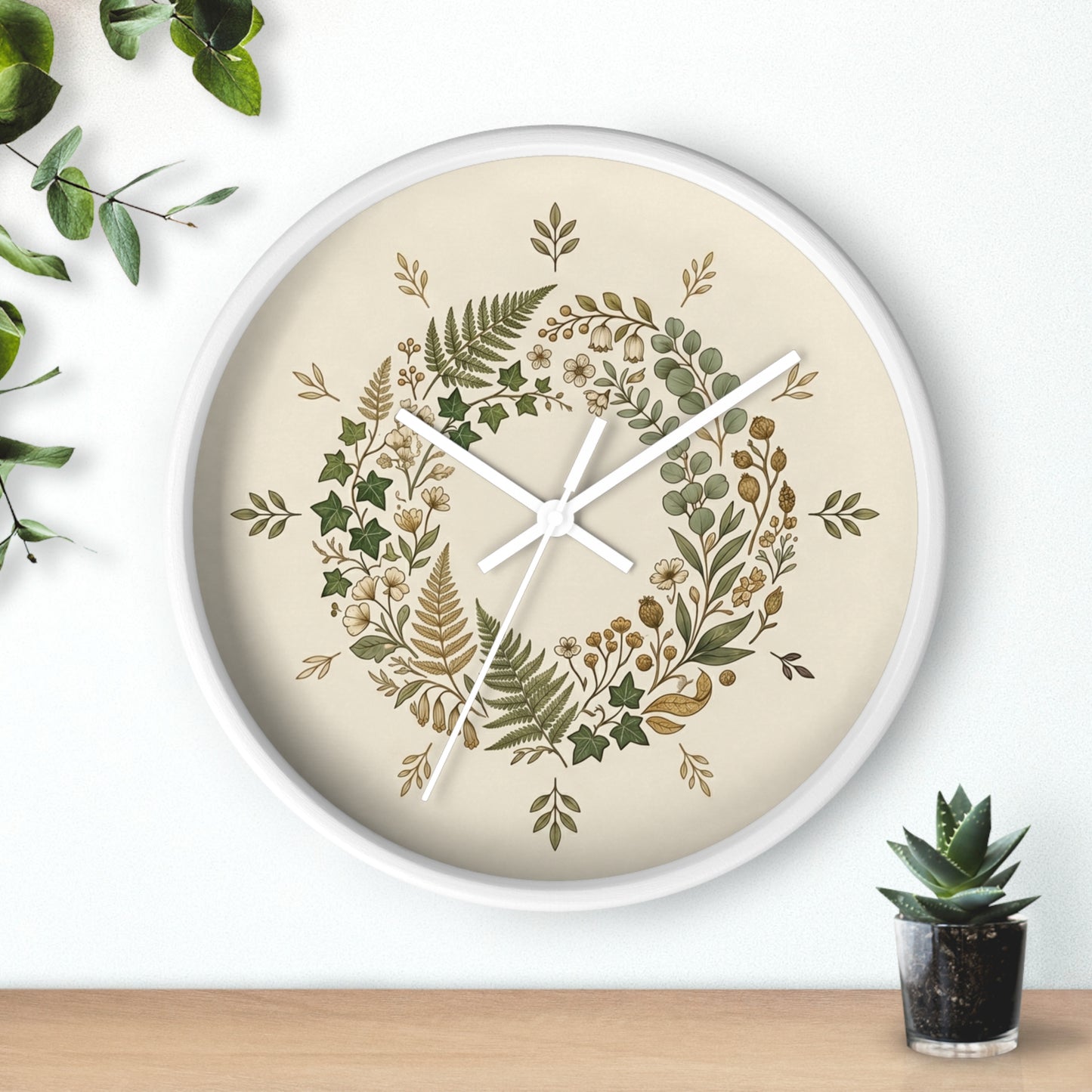 Botanical Wreath Wall Clock | Neutral Fern Floral Clock