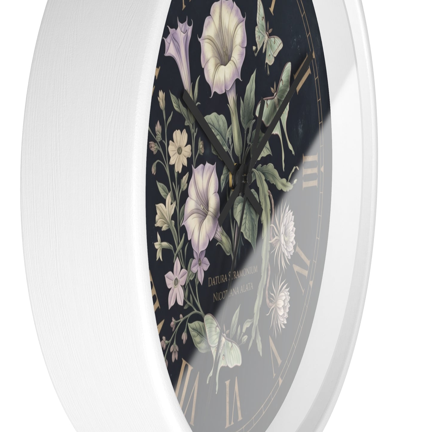 Datura Stramonium Illustration  Wall Clock | Vintage Botanical Floral, Roman Numerals, Dark Background