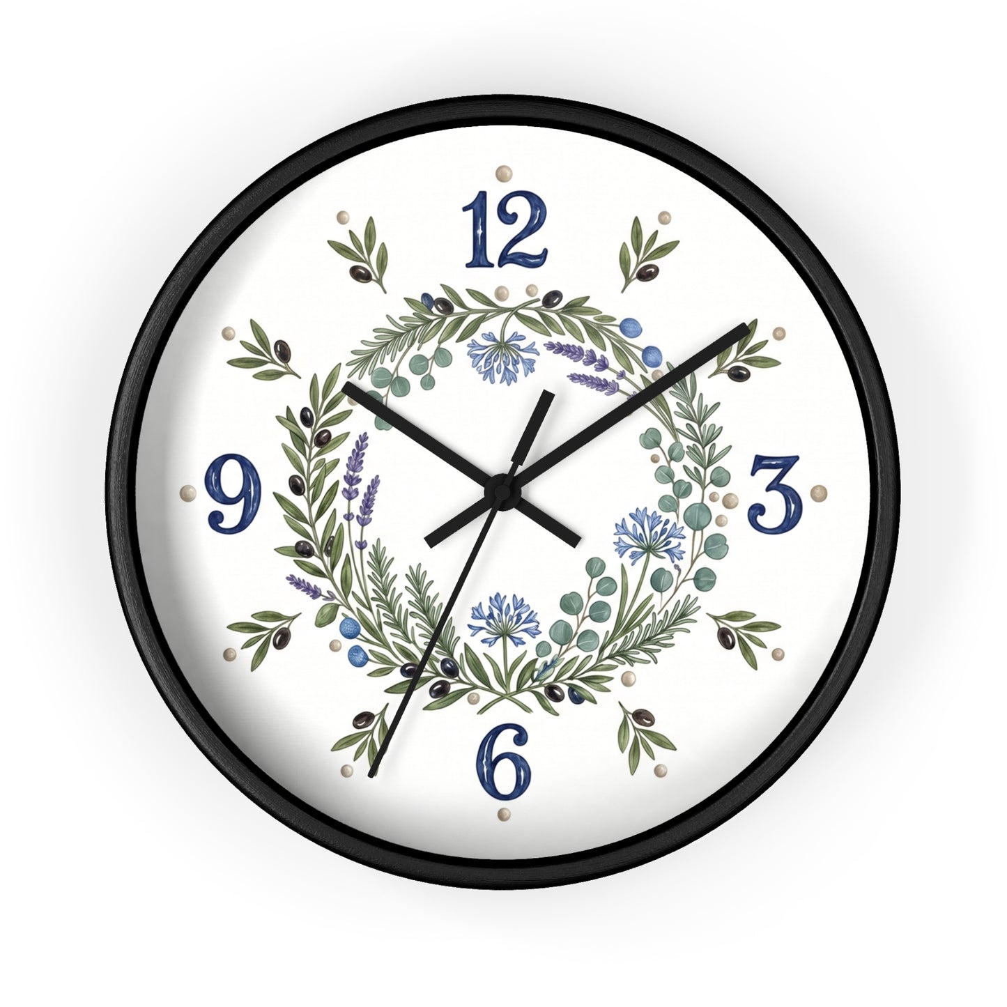 Botanical Wreath Wall Clock | Floral Laurel Timepiece, Blue Numbers