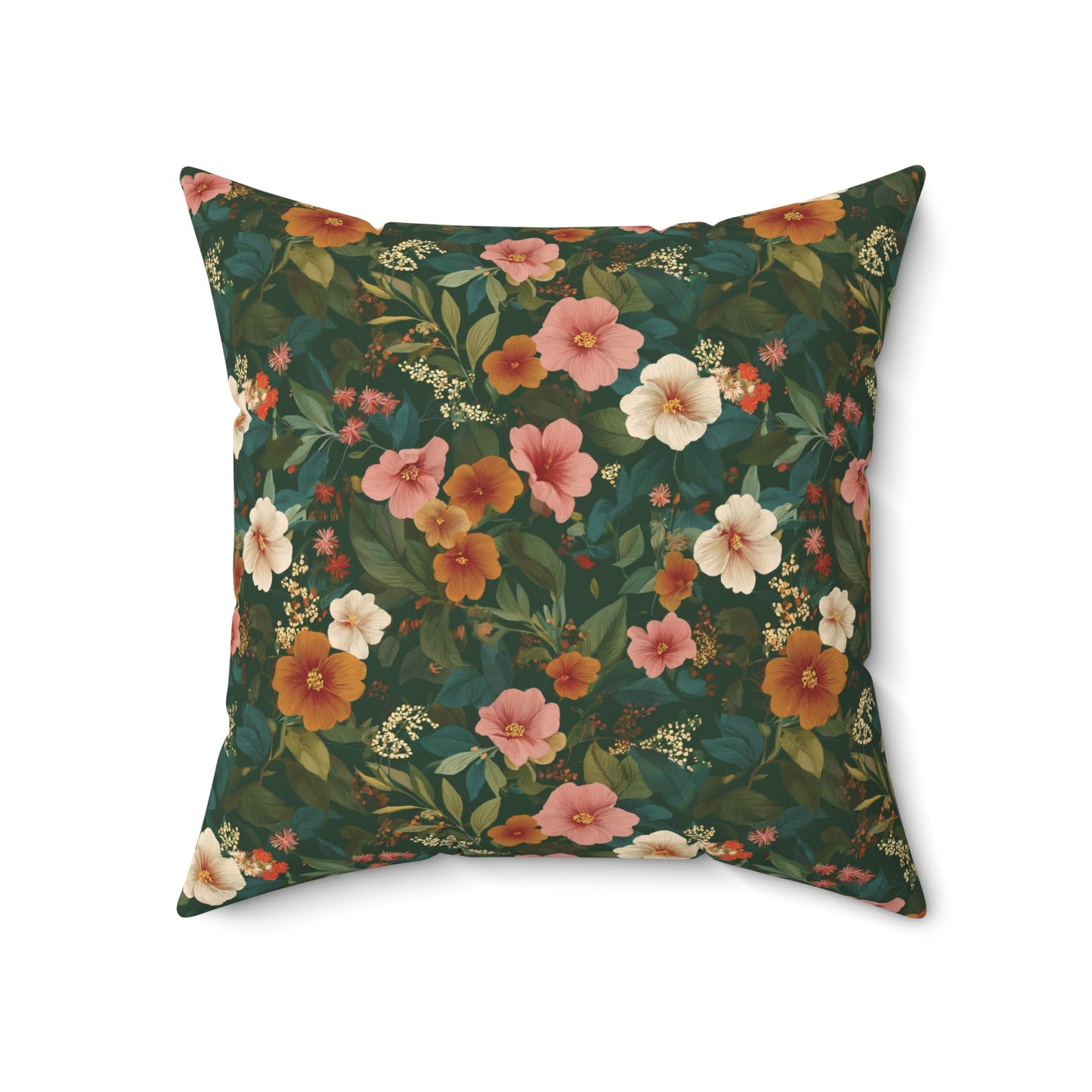Vintage Floral Pattern Square Pillow | Dark Green Pink Orange Blossoms
