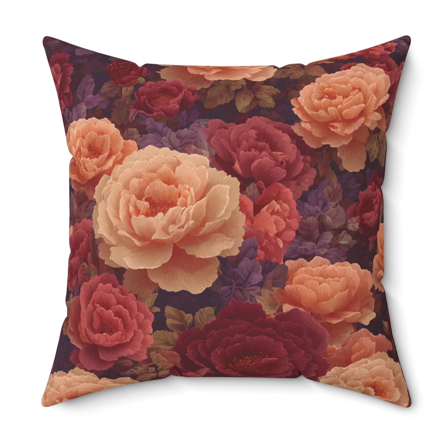 Vintage Rose Floral Pillow | Dark Burgundy Peach Garden Cushion
